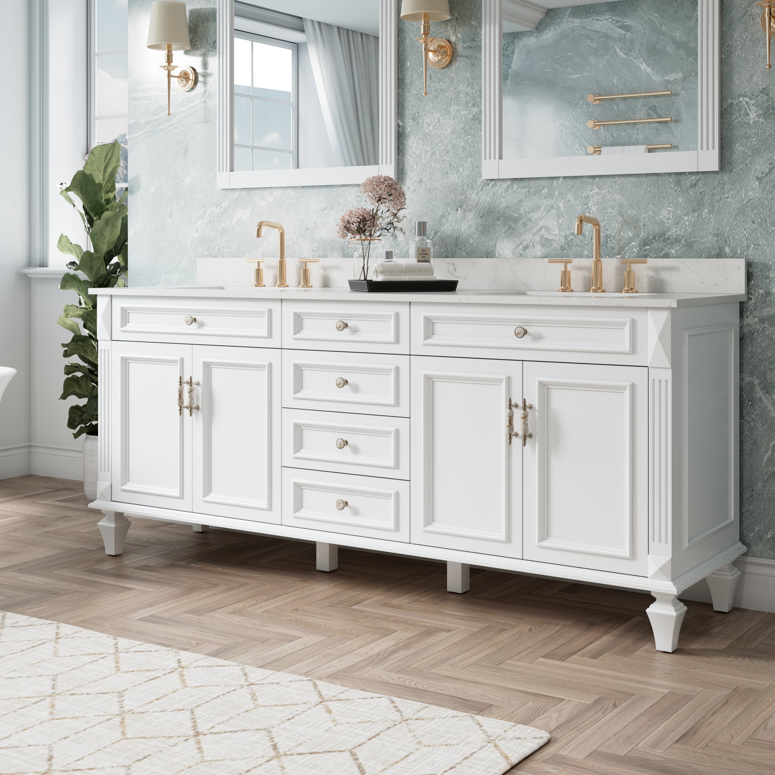 80 in. Freestanding Solid Wood Bathroom Vanity with Carrara White Quartz Countertop, White