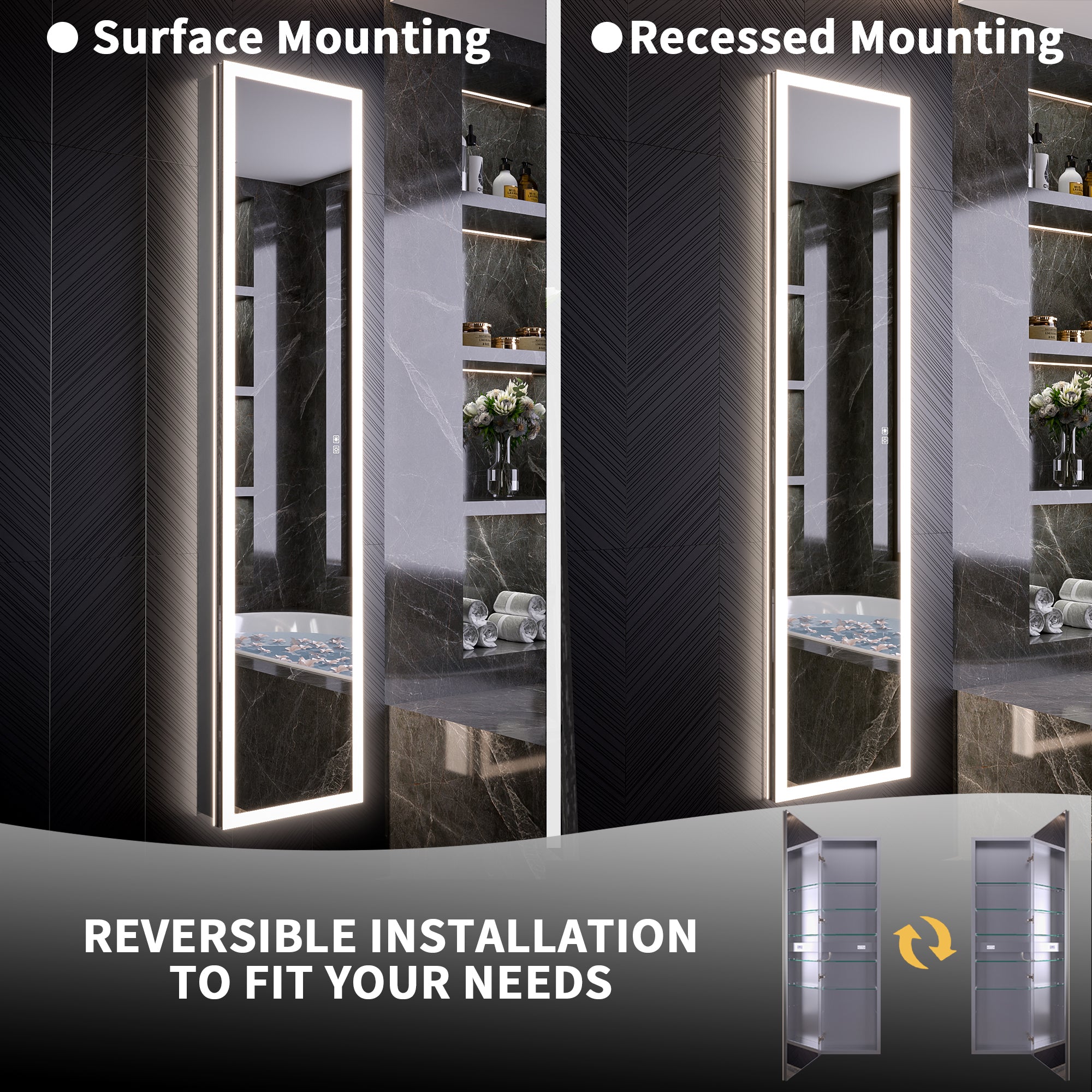 16 in. x 70 in. Recessed/Surface Mount Full Length LED Mirror Cabinet with Front&Backlit and Reversible Door Design