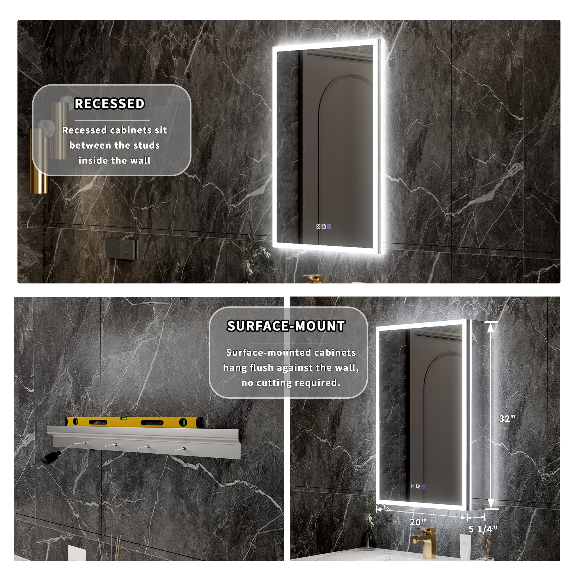 20 in. x 32 in. Recessed/Surface Mount Right LED Medicine Cabinet with 5X Magnifier Mirror, Aluminum Frame