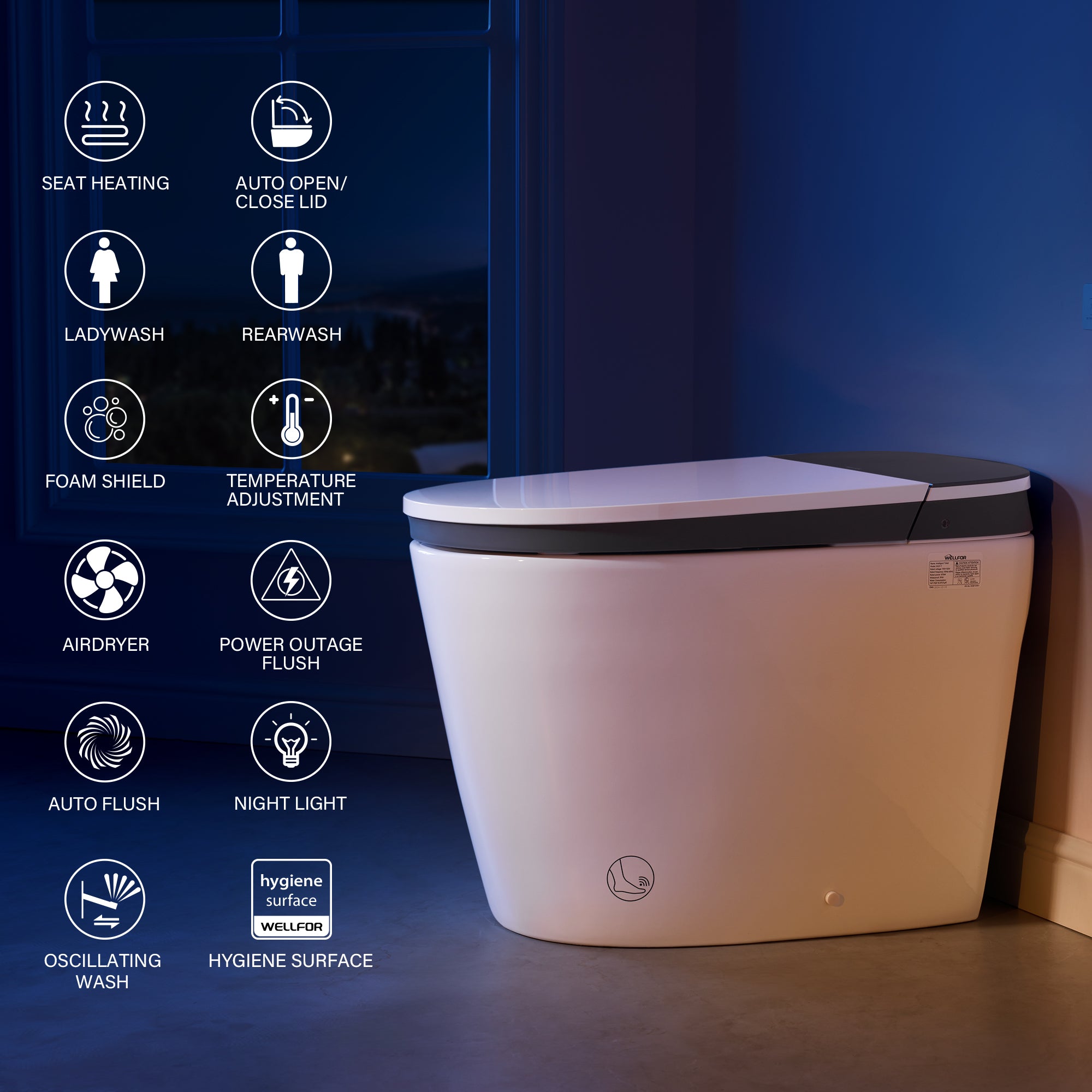 Elongated Smart Bidet Toilet in White with Built-in Tank, Foot Sensor Function, Auto Flush,LED Display, 12-in Rough-In 1.6 GPF