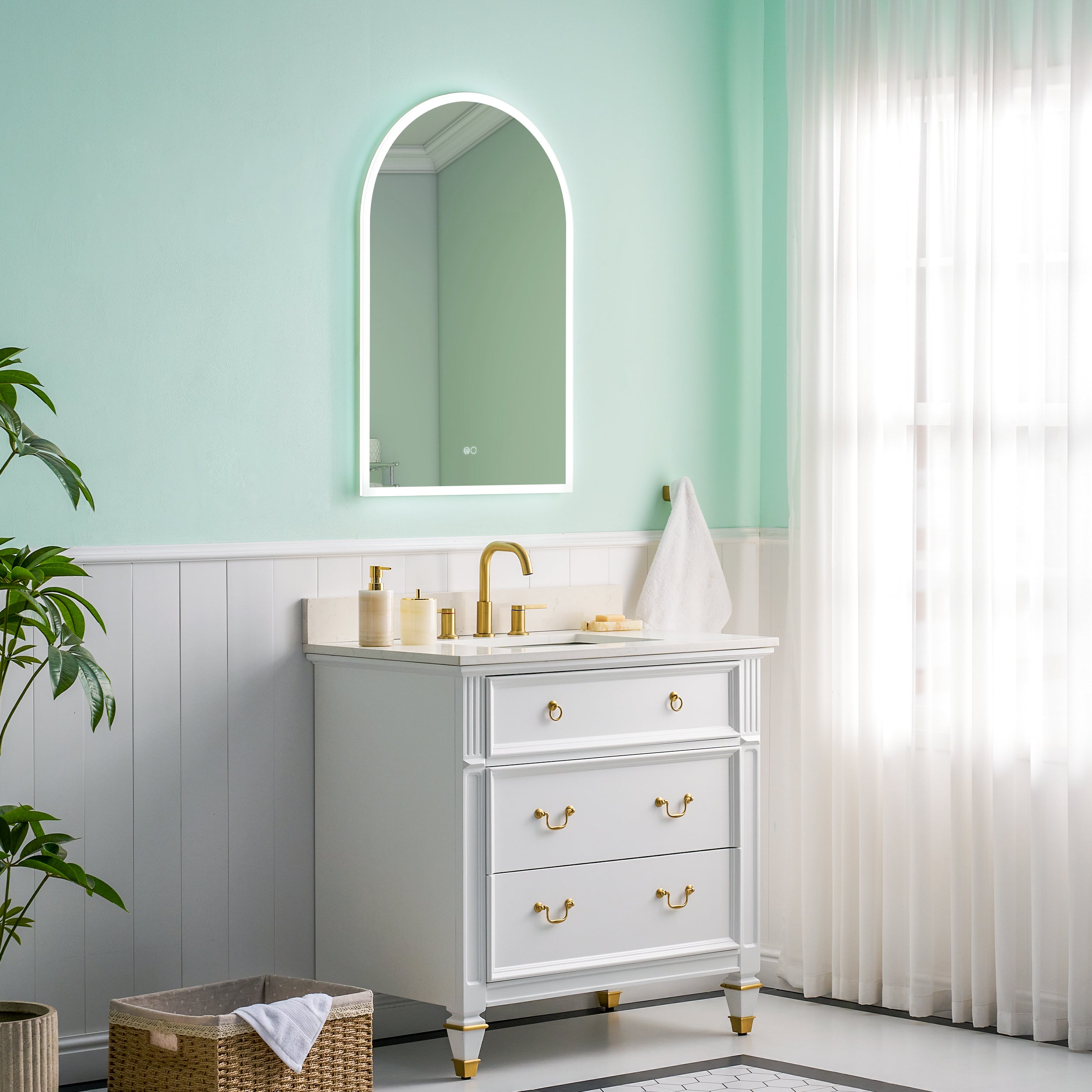 24x36 Inch Frameless LED Bathroom Vanity Mirror Arched Top– Dimmable, Anti-Fog, Wall-Mounted