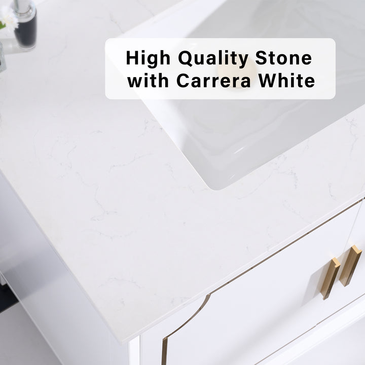 36 in. Freestanding Bathroom Vanity in White with Carrara White Quartz Vanity Top
