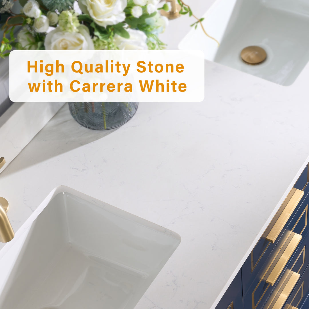 Melody 60 in. W x 22 in. D x 35 in. H Freestanding Bathroom Vanity in Navy Blue with Carrara White Quartz Vanity Top