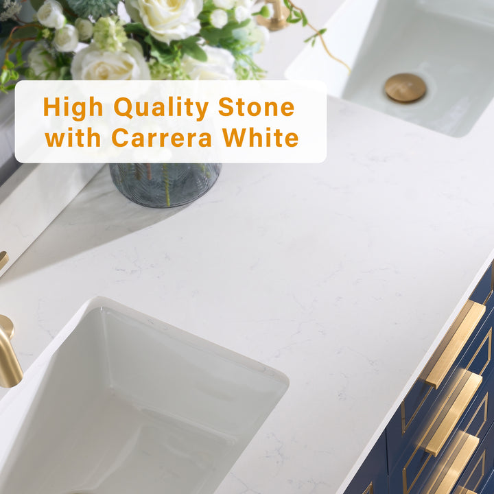 Melody 60 in. W x 22 in. D x 35 in. H Freestanding Bathroom Vanity in Navy Blue with Carrara White Quartz Vanity Top
