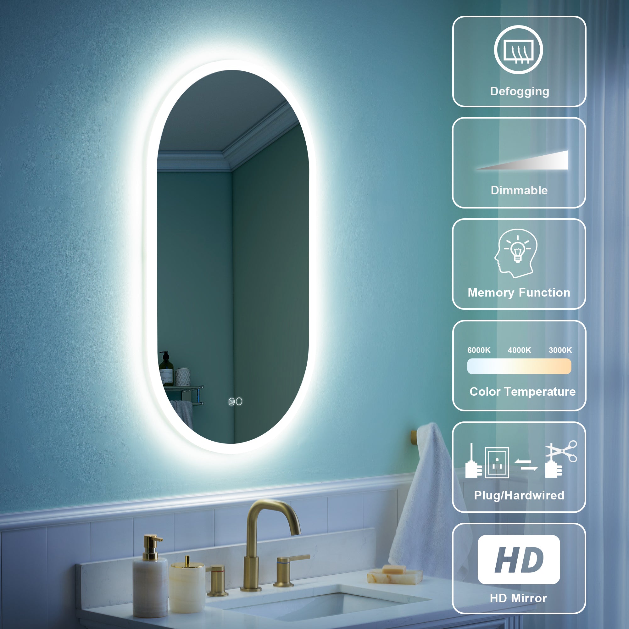20 in. W x 36 in. H Acrylic Oval LED Frameless Mirror, Anti-Fog, Dimmable