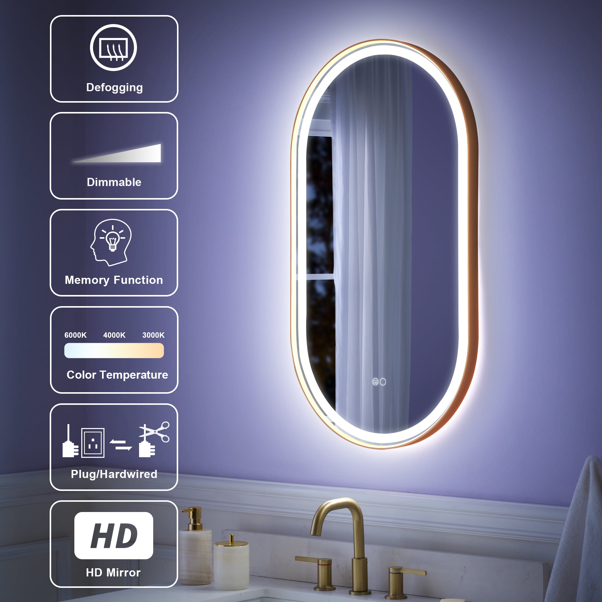 20 in. W x 36 in. H Oval LED Framed Mirror, Anti-Fog, Dimmable in Brushed Gold