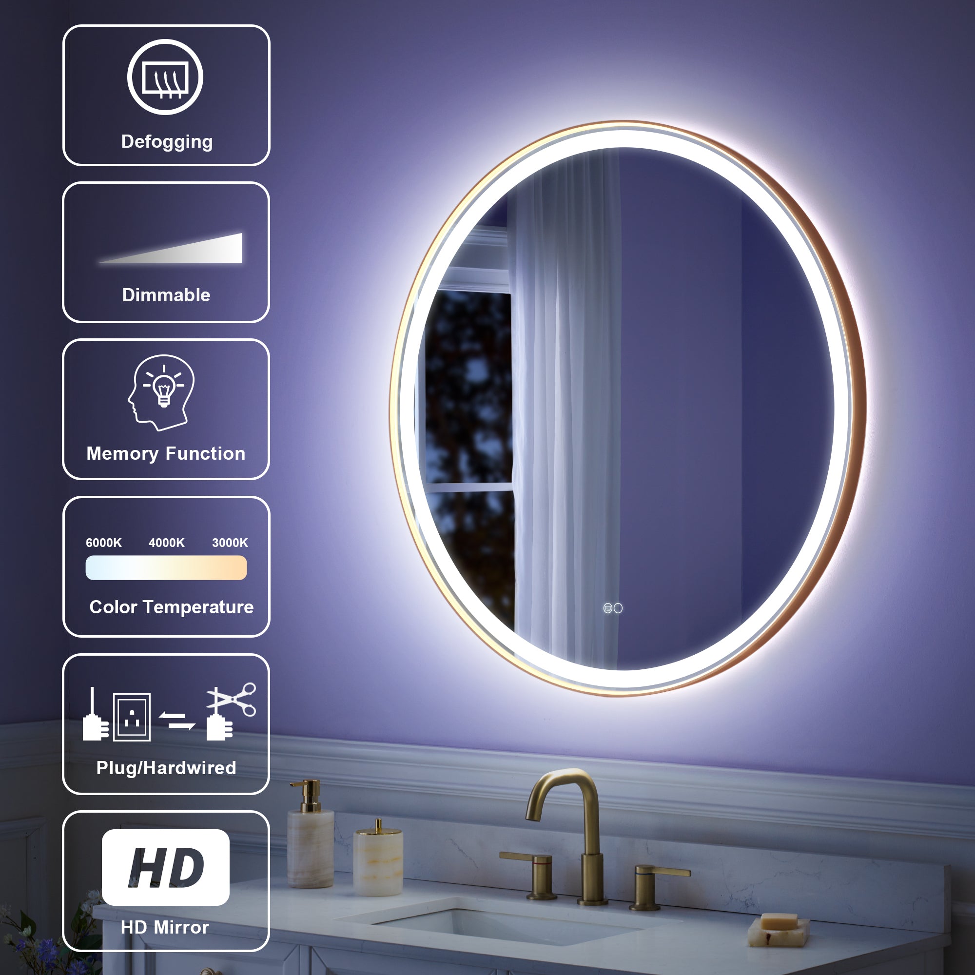 36 in.  W x 36 in.  H Brushed Gold Framed Round LED Light Bathroom Vanity Mirror