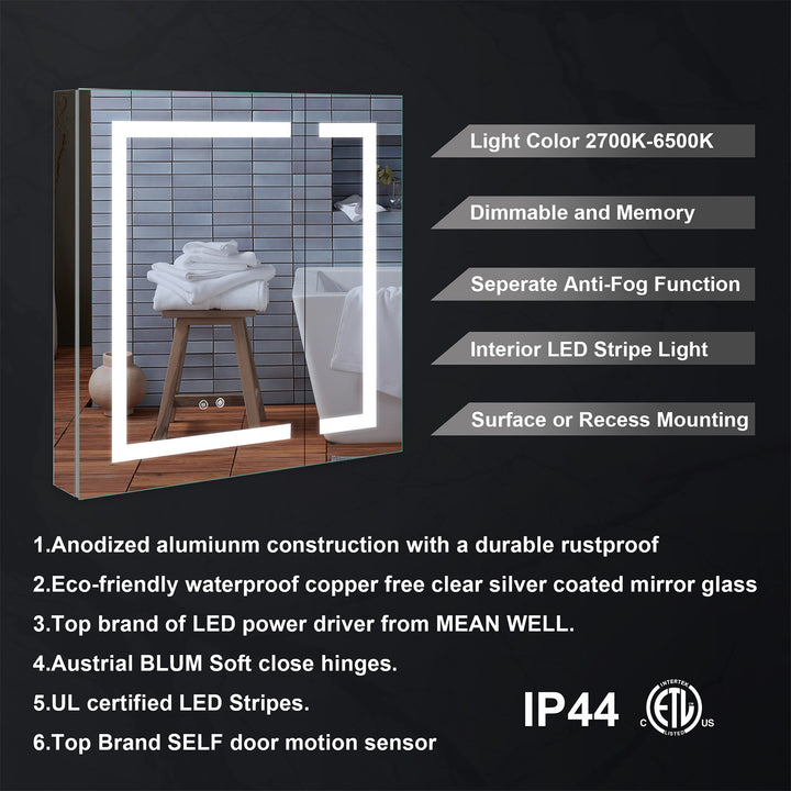 36" x 30" LED Lighted Surface/Recessed Mount Aluminum Mirror Medicine Cabinet Anti-Fog Dimmable with Outlet