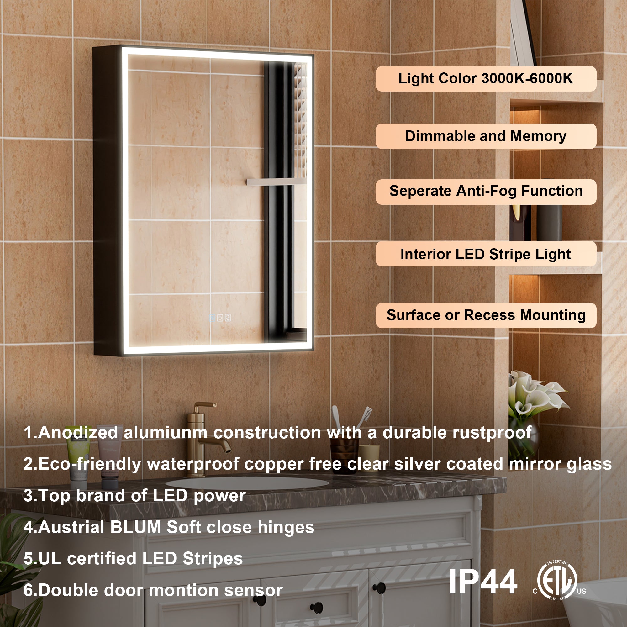 60" Navy Blue Solid Wood Bathroom Vanity & 2-Piece 24" LED Mirror Medicine Cabinet Combo