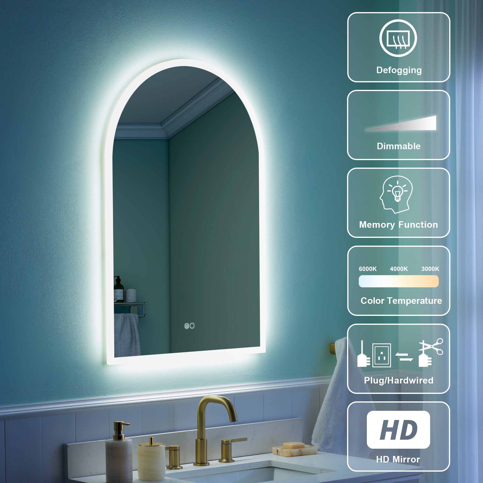 24x36 Inch Frameless LED Bathroom Vanity Mirror Arched Top– Dimmable, Anti-Fog, Wall-Mounted