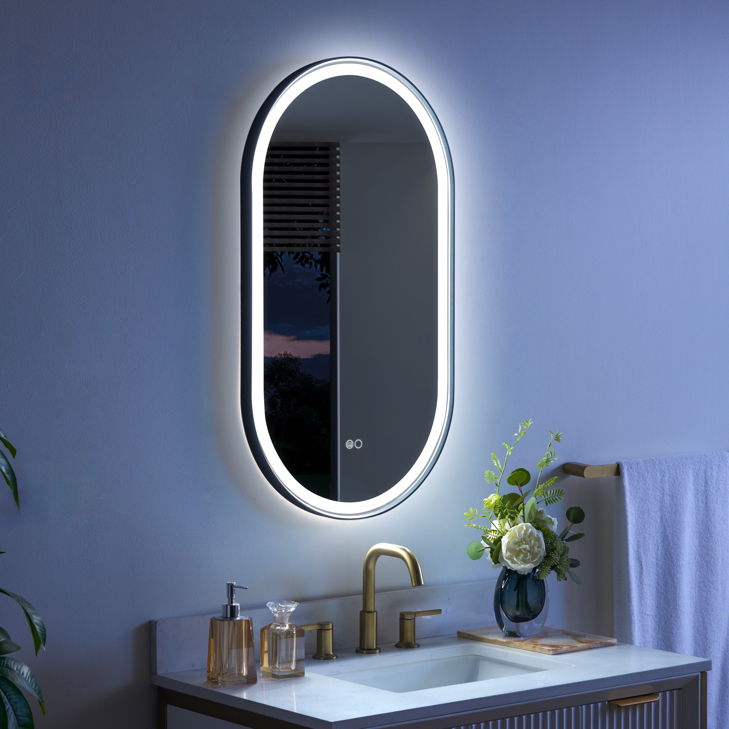 20 in. W x 36 in. H Oval LED Framed Mirror, Anti-Fog, Dimmable in Matte Black
