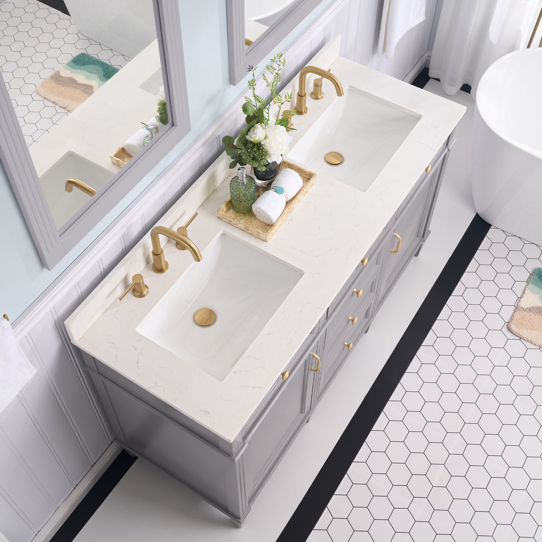 60 in. Bathroom Vanity in Grey with Quartz Vanity Top in Carrara with Single White Basin