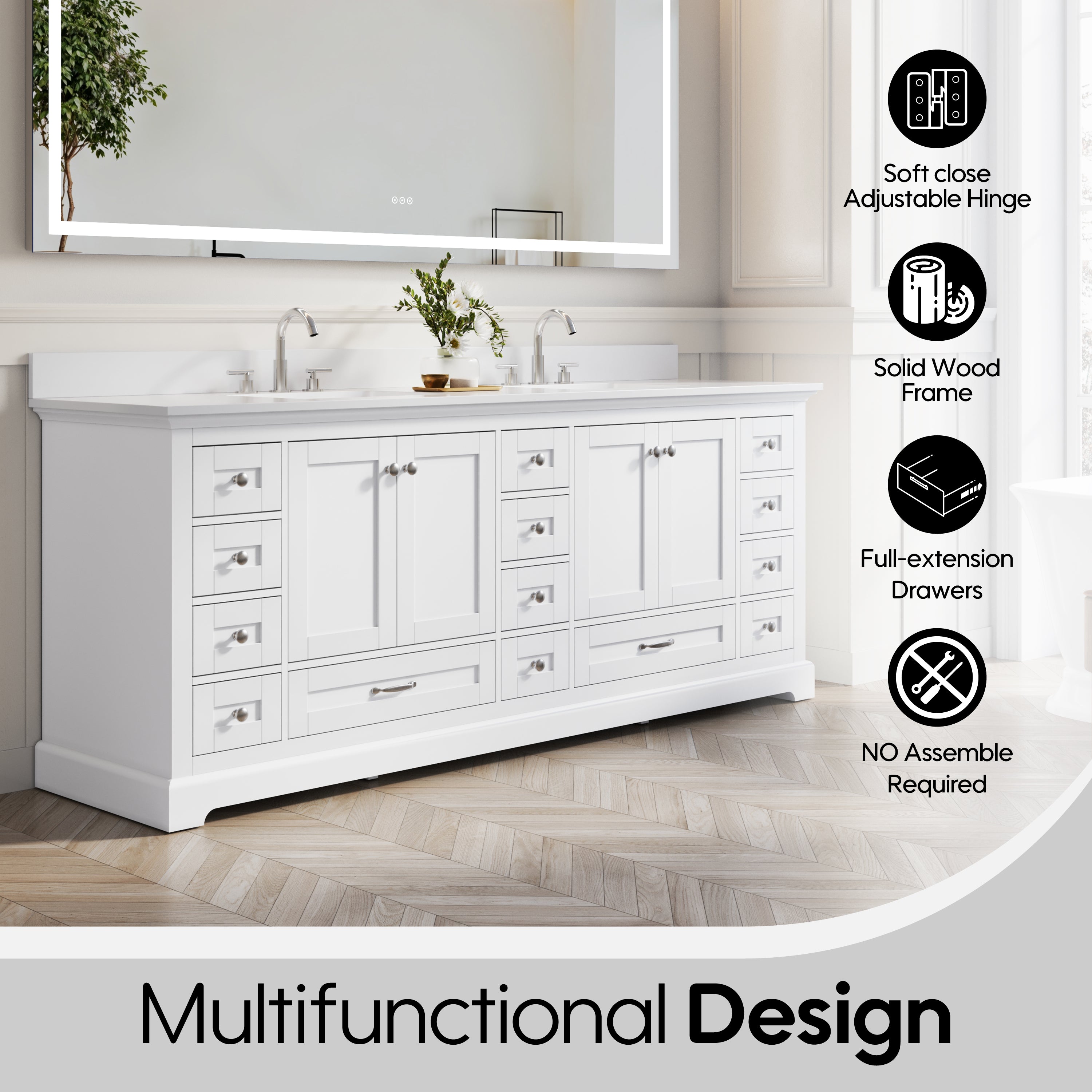 84" White Double Sinks Bathroom Vanity with Solid Wood Frame, Soft Close 14 Drawers & Pure White Cultured Marble Countertop