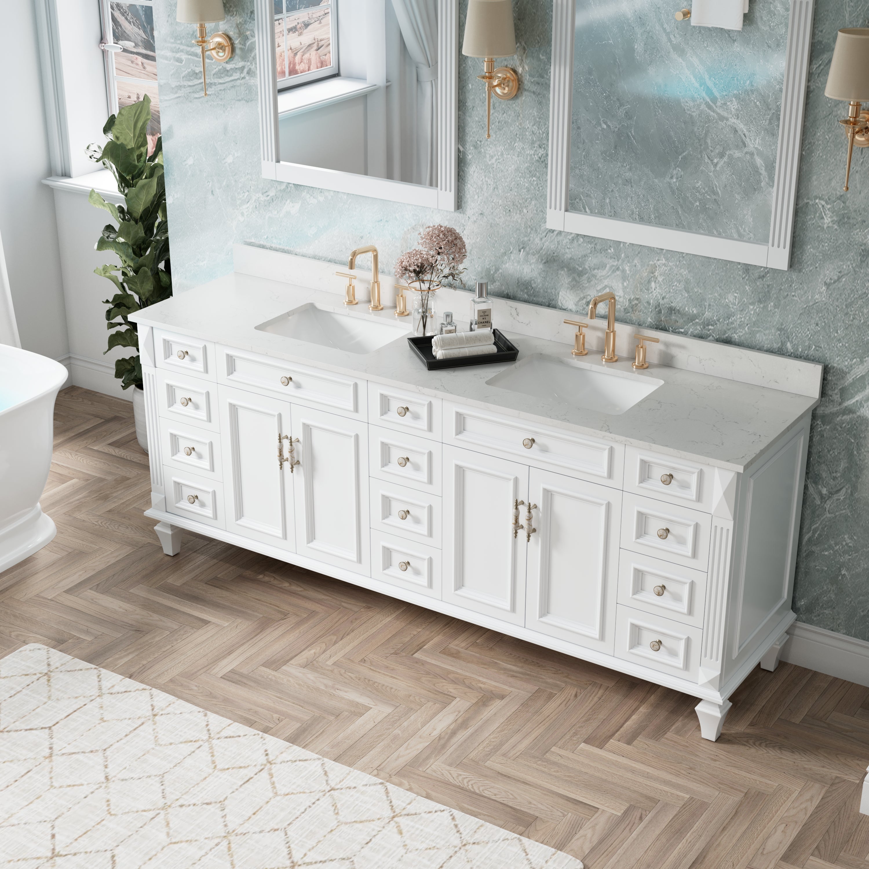 84 in. Freestanding Solid Wood Bathroom Vanity with Carrara White Quartz Countertop, White