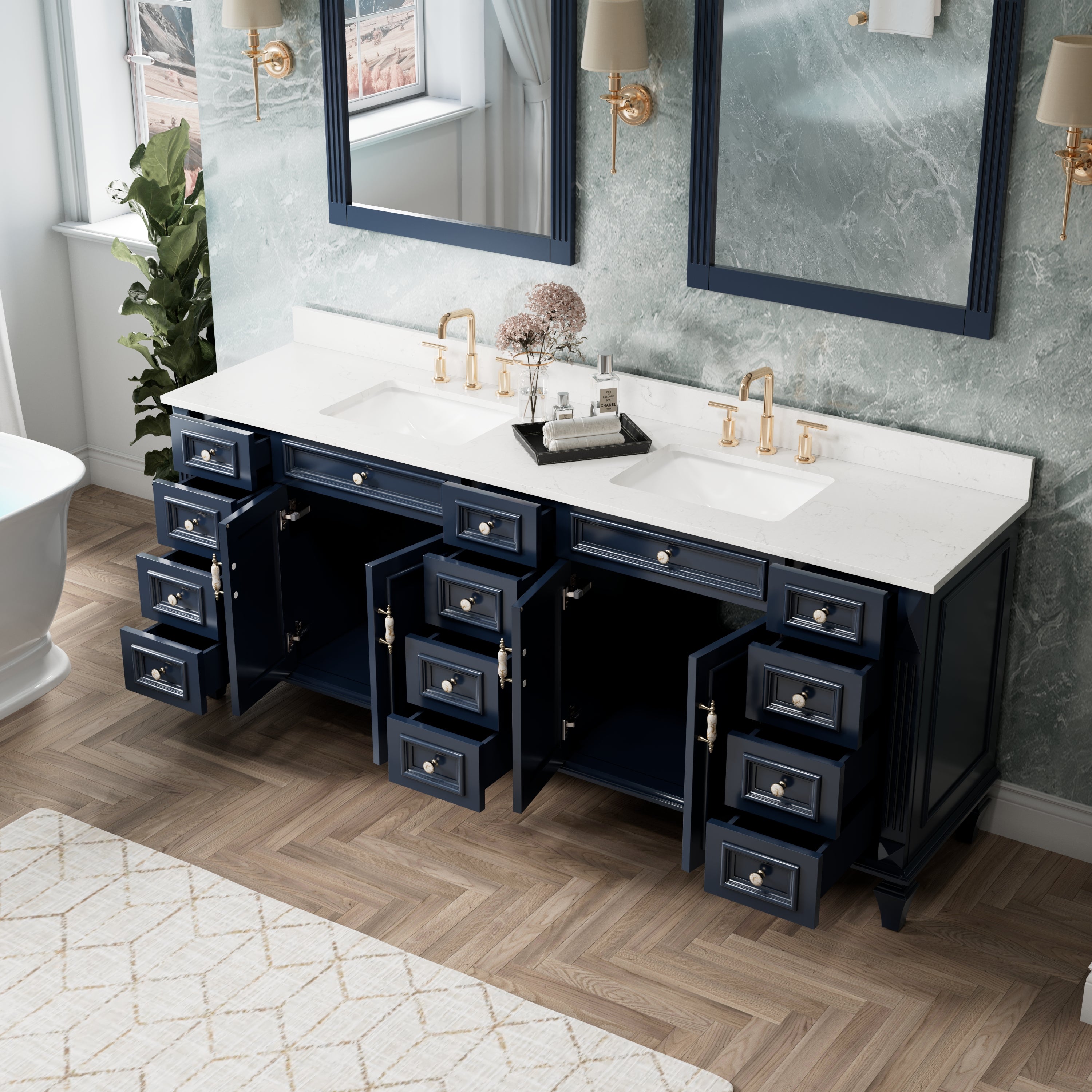 84 in. Freestanding Solid Wood Bathroom Vanity with Carrara White Quartz Countertop, Navy Blue