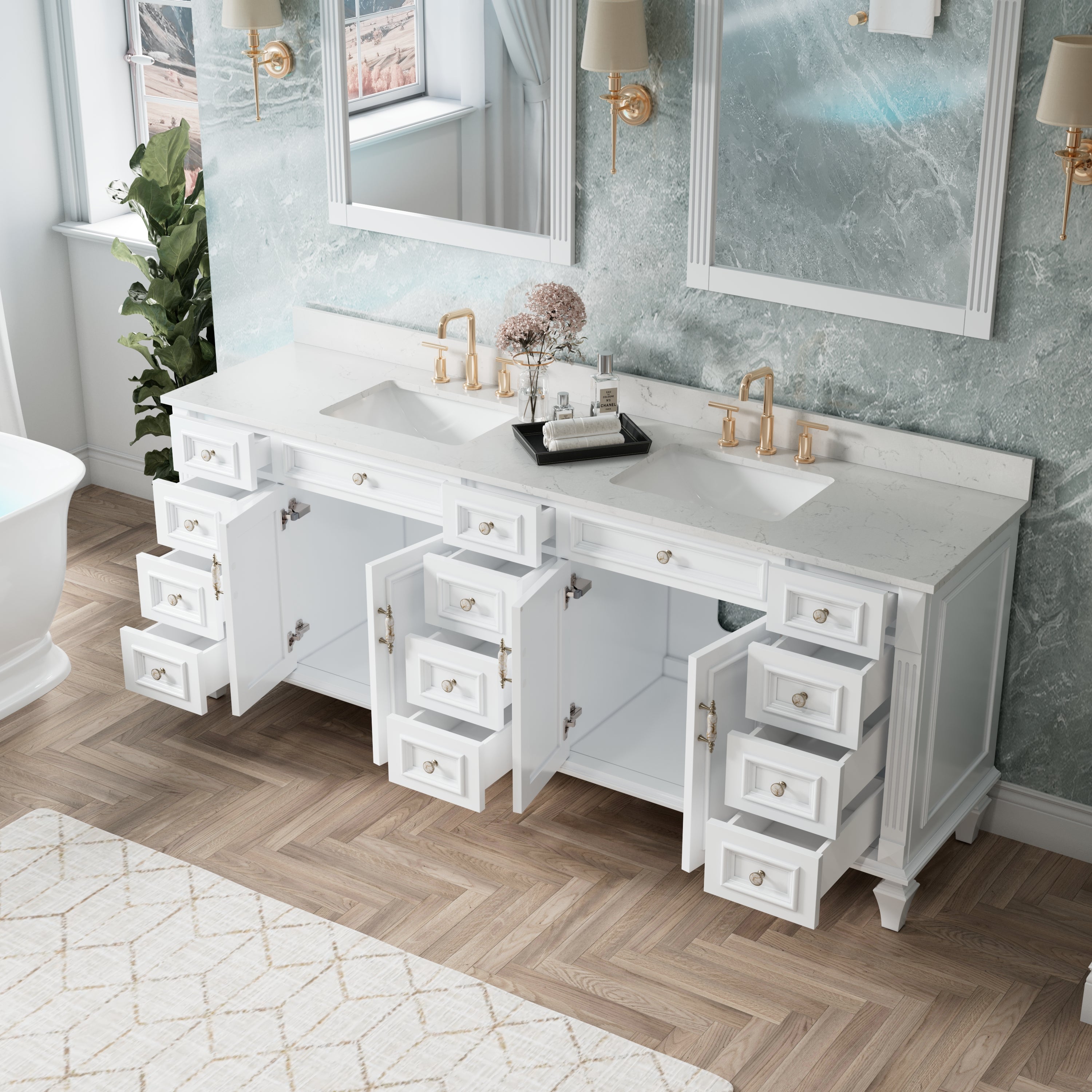 84 in. Freestanding Solid Wood Bathroom Vanity with Carrara White Quartz Countertop, White