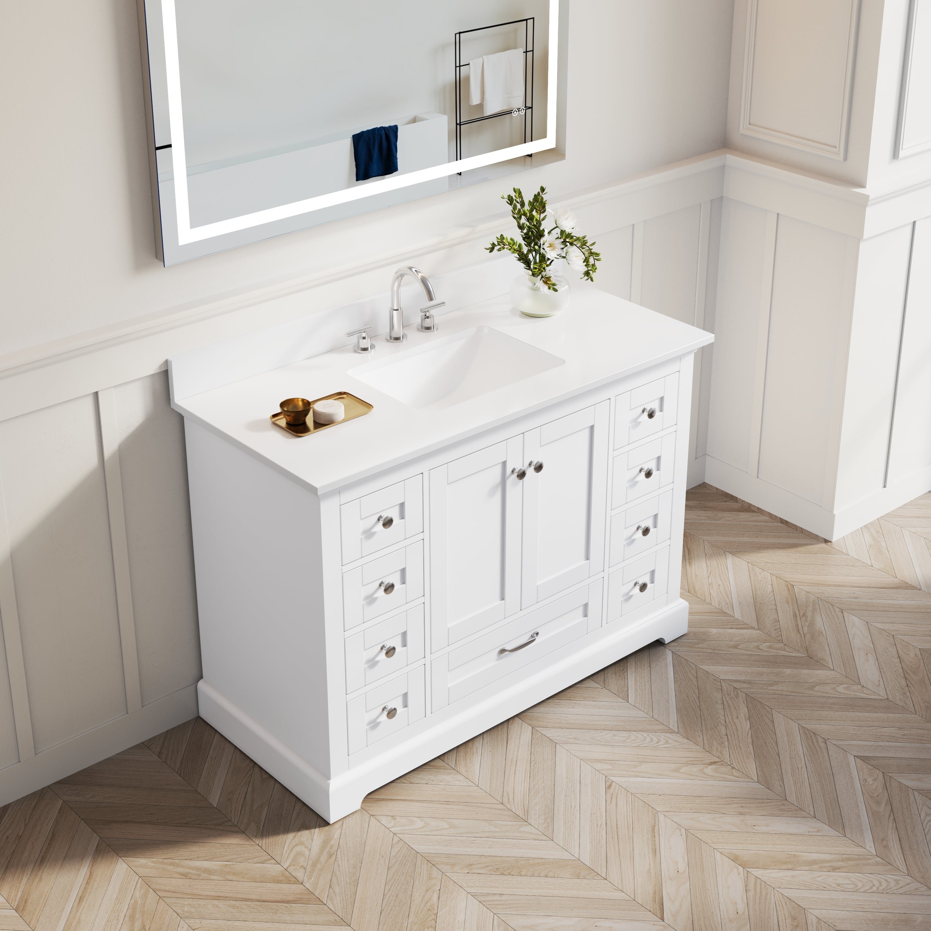 48 Inch White Bathroom Vanity with cUPC Undermount Basin with 2 Doors and 9 Drawers