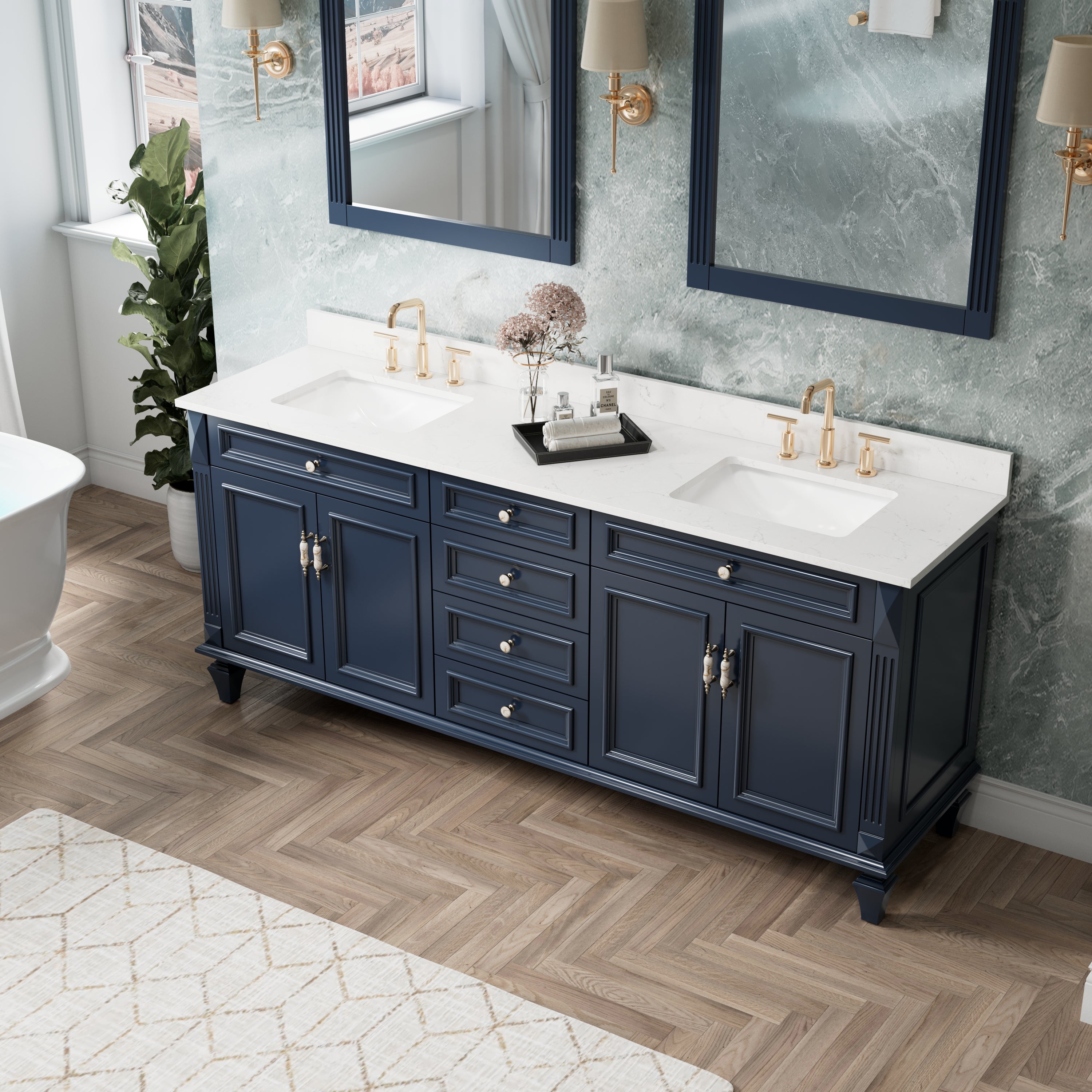 80 in. Freestanding Solid Wood Bathroom Vanity with Carrara White Quartz Countertop, Navy Blue