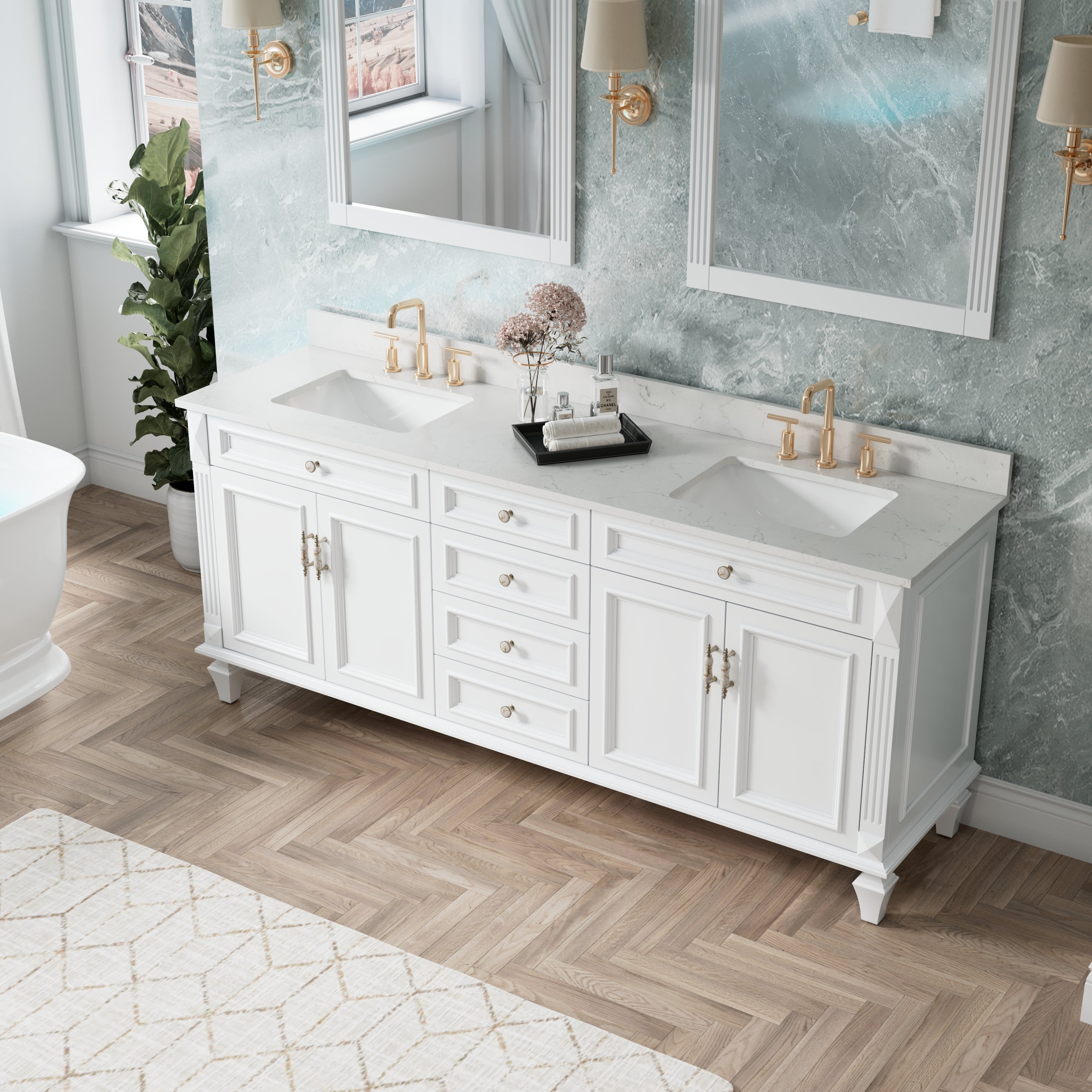 80 in. Freestanding Solid Wood Bathroom Vanity with Carrara White Quartz Countertop, White