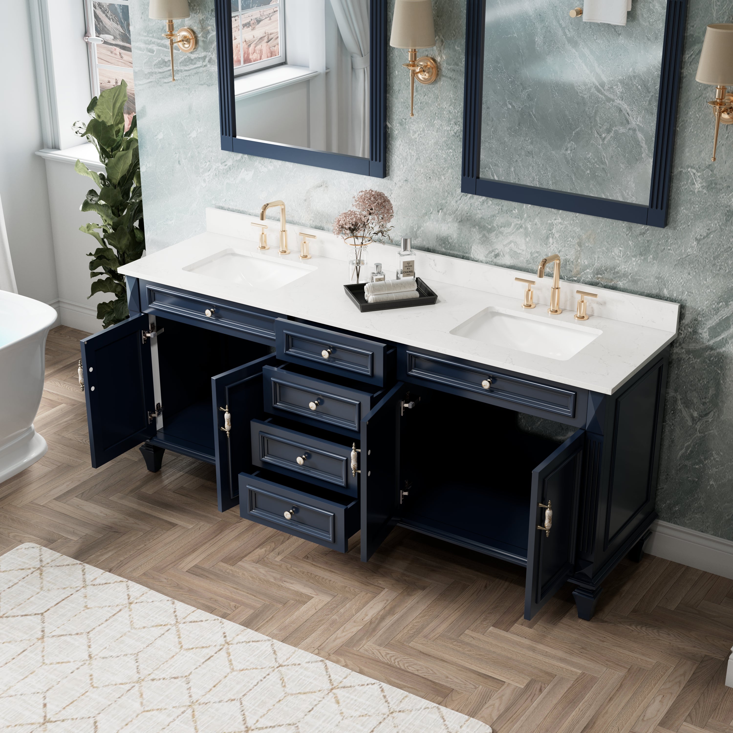 80 in. Freestanding Solid Wood Bathroom Vanity with Carrara White Quartz Countertop, Navy Blue