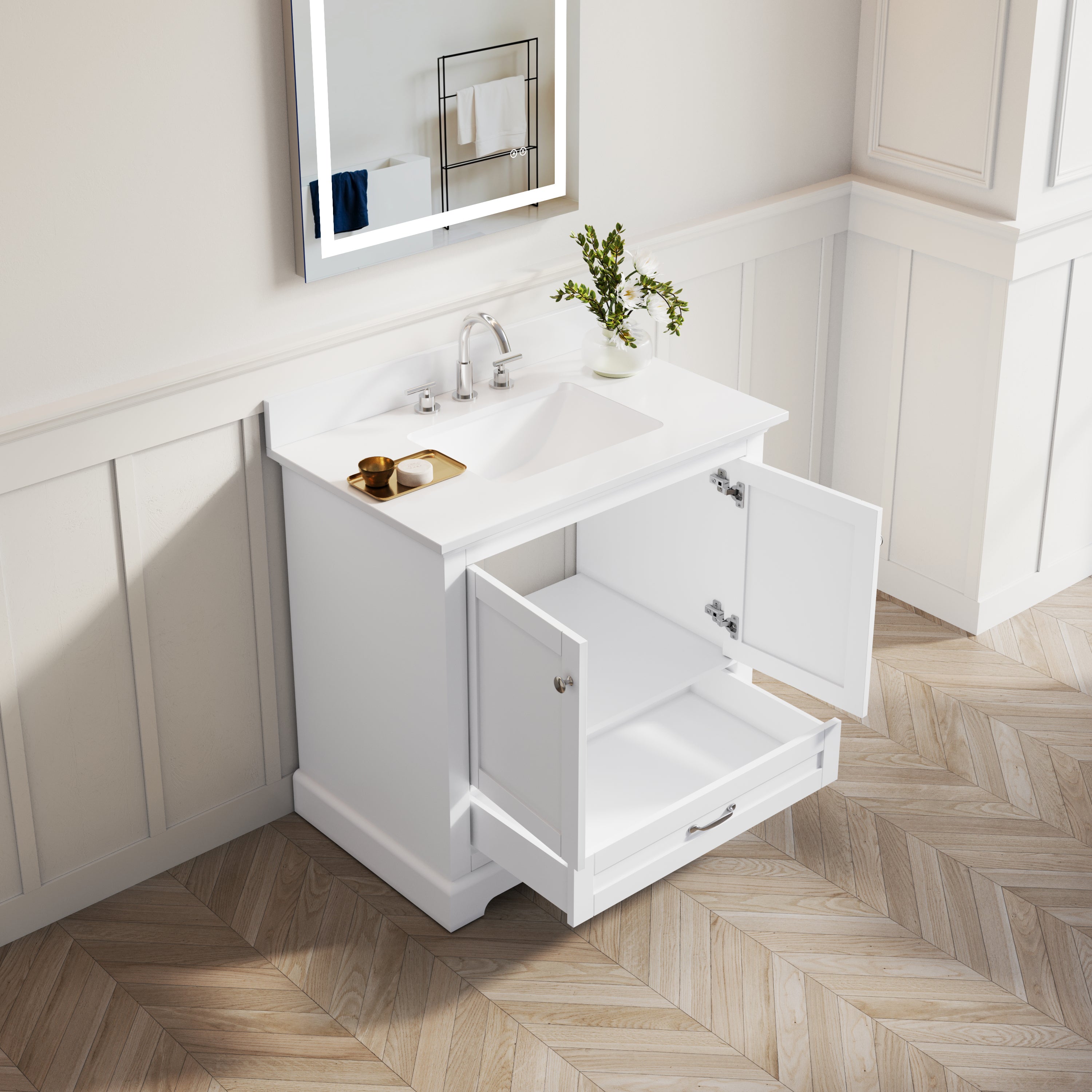 36 Inch White Bathroom Vanity with cUPC Undermount Basin with 2 Doors and 1 Drawer