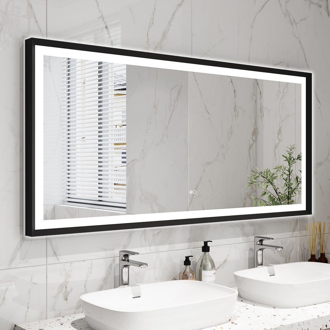 60 in. W x 28 in. H Aluminium Framed Front and Back LED Light Bathroom Vanity Mirror in Matte Black