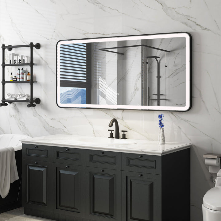 60 in. W x 28 in. H Framed Round Shaped Corners LED Light Bathroom Vanity Mirror in Black