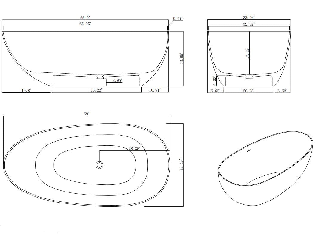 Stone Resin Solid Surface Matte Flatbottom Freestanding Bathtub in White