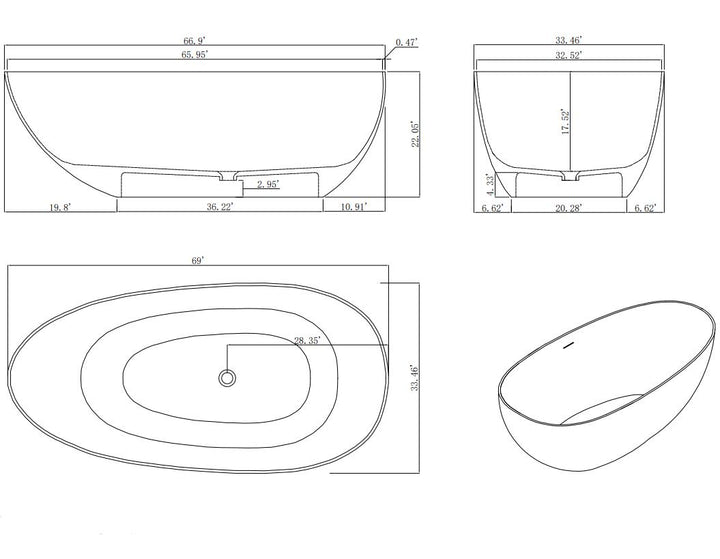 Stone Resin Solid Surface Matte Flatbottom Freestanding Bathtub in White