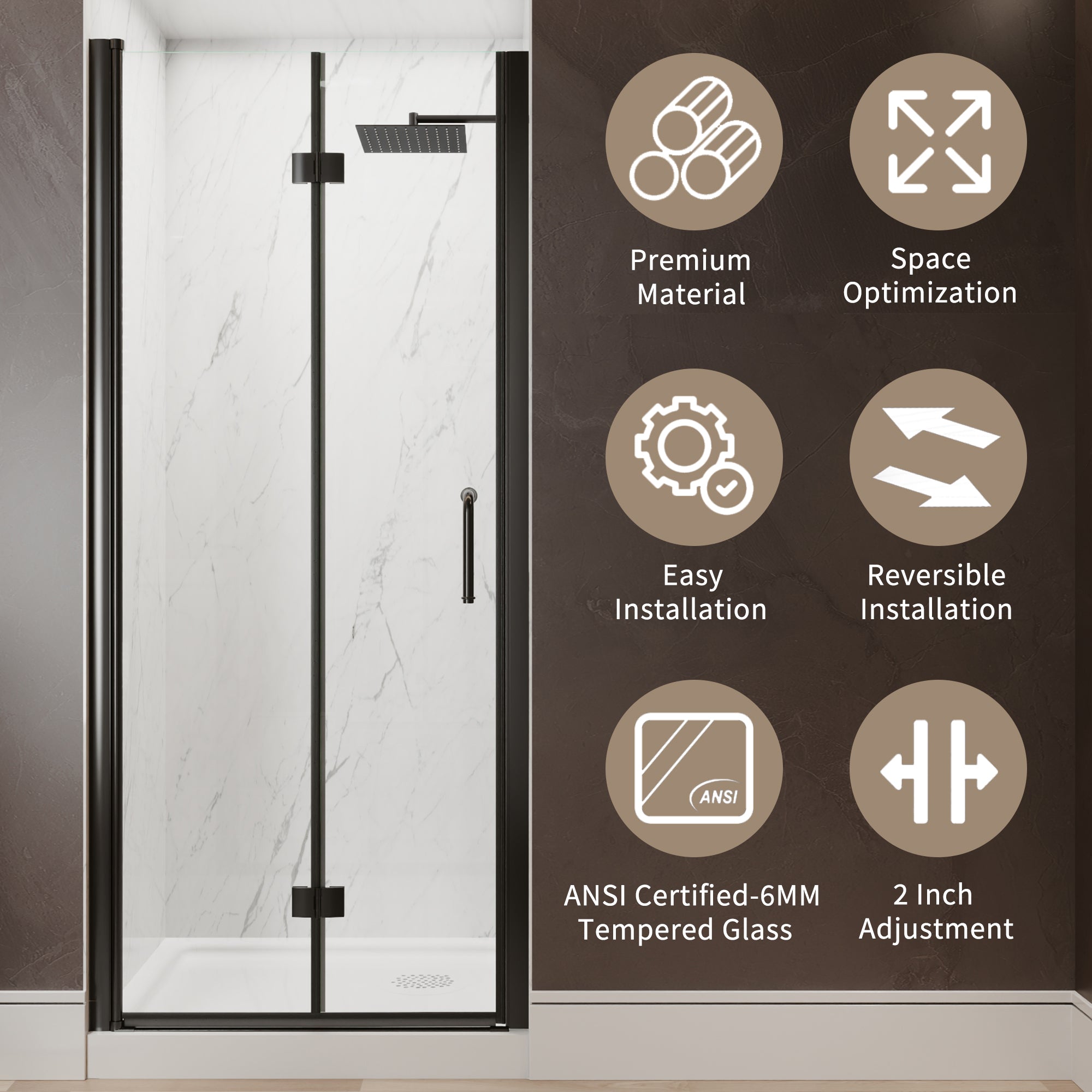 32-34 in. W x 72 in. H Modern Semi-Frameless 1/4 in. Tempered Glass Bifold Pivot Shower Door with Reversible Installation, Matte Black