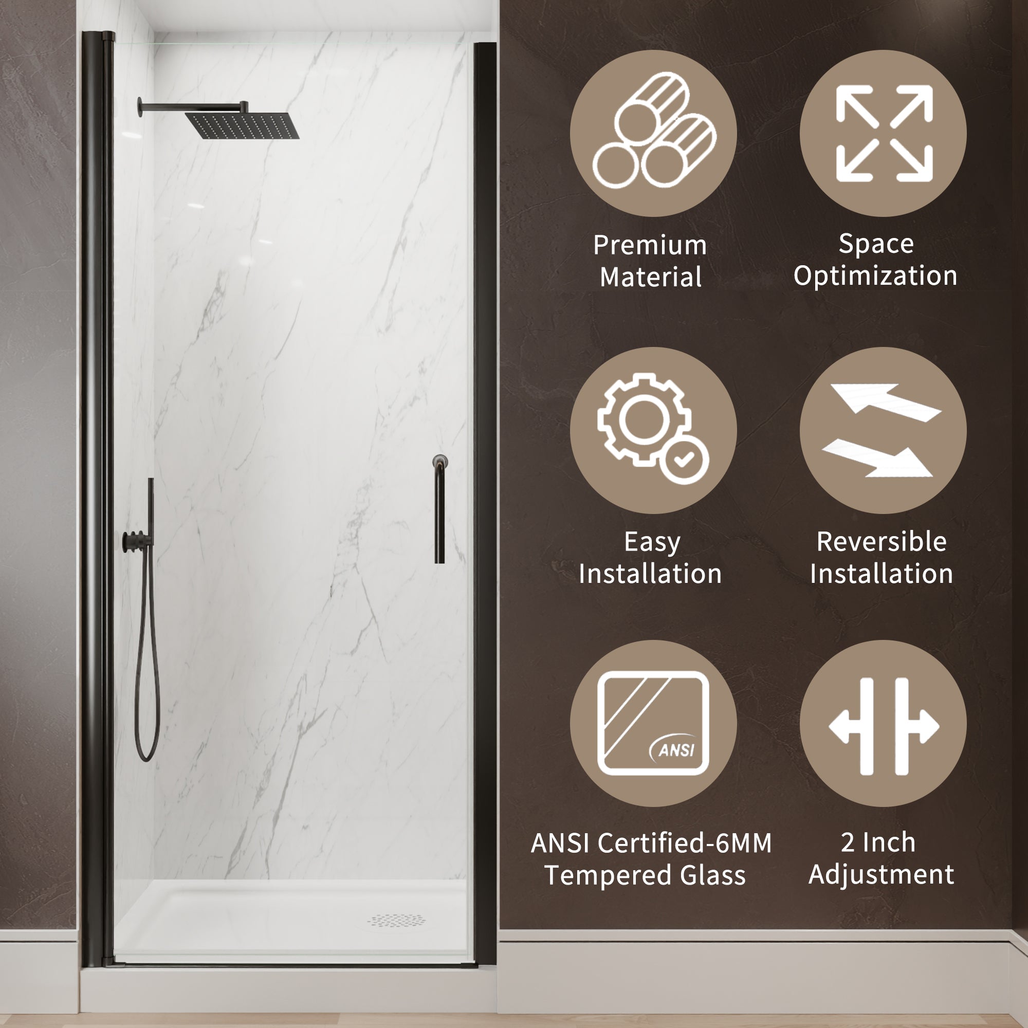 32-34 in. W x 72 in. H Semi-Frameless Pivot Shower Door with 1/4 in SGCC Tempered Glass, Reversible Installation, Matte Black