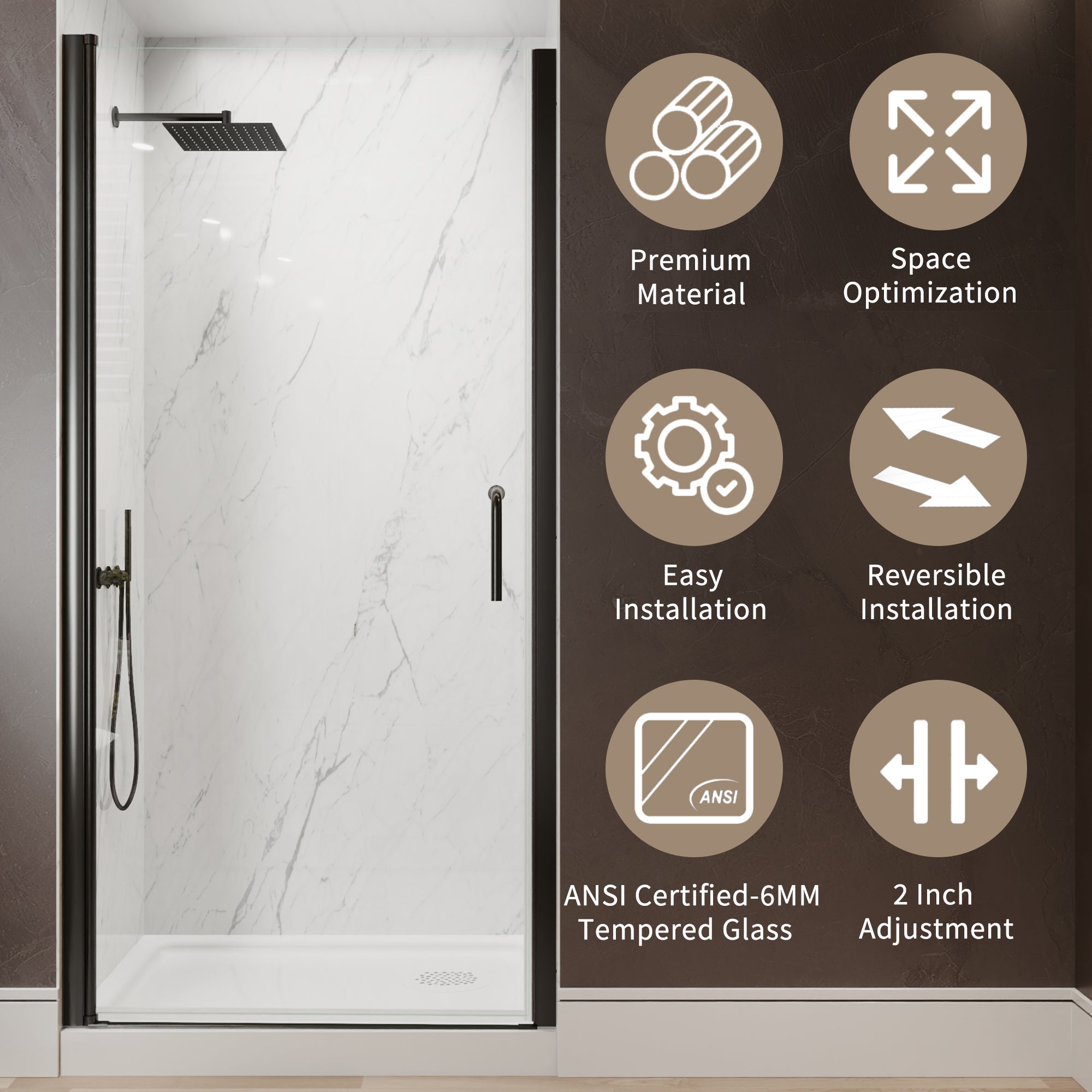 36-38 in. W x 72 in. H Matte Black Pivot Shower Door with 1/4 Inch Tempered Safety Clear Glass