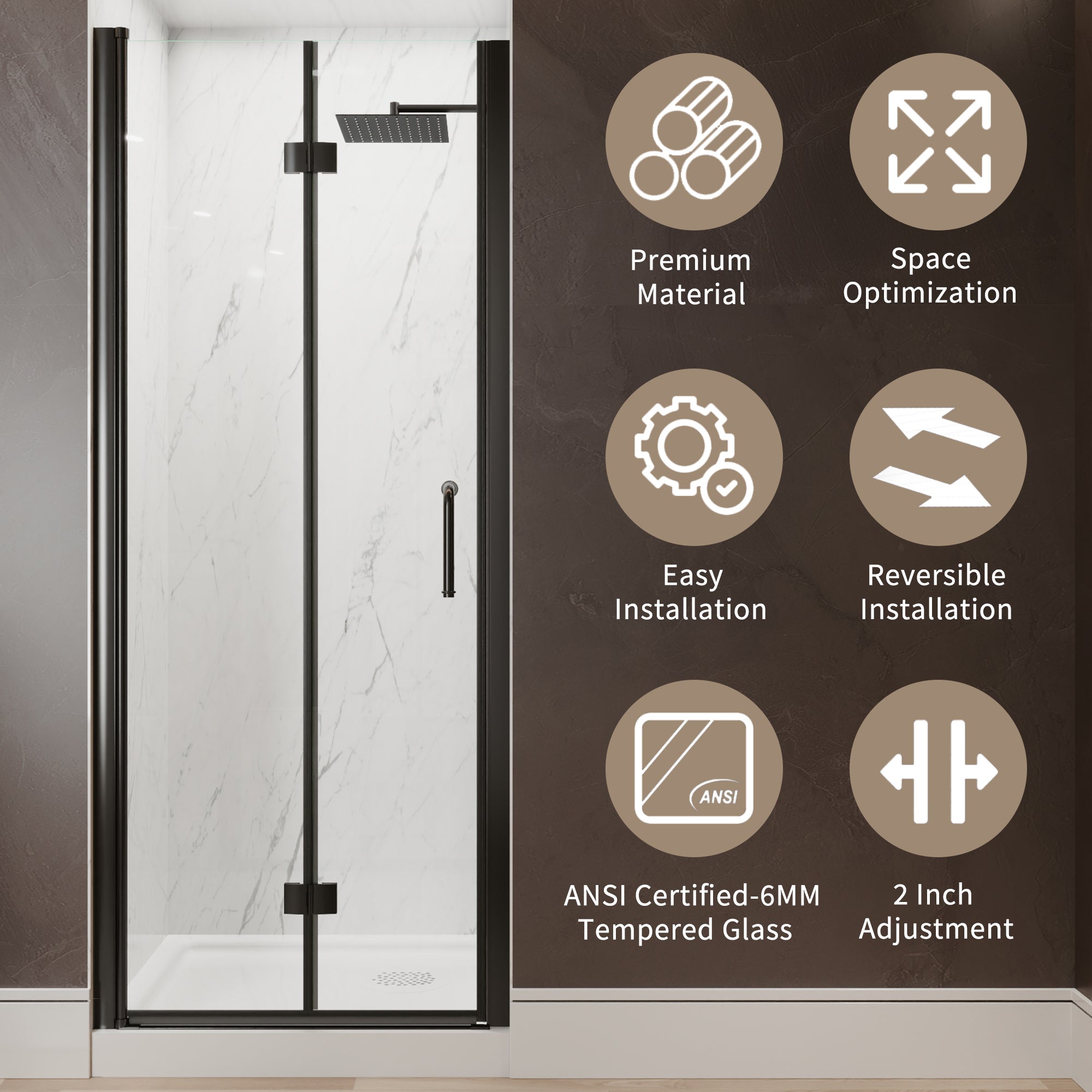 30-32 in. W x 72 in. H Modern Semi-Frameless 1/4 in. Tempered Glass Bifold Pivot Shower Door with Reversible Installation, Matte Black