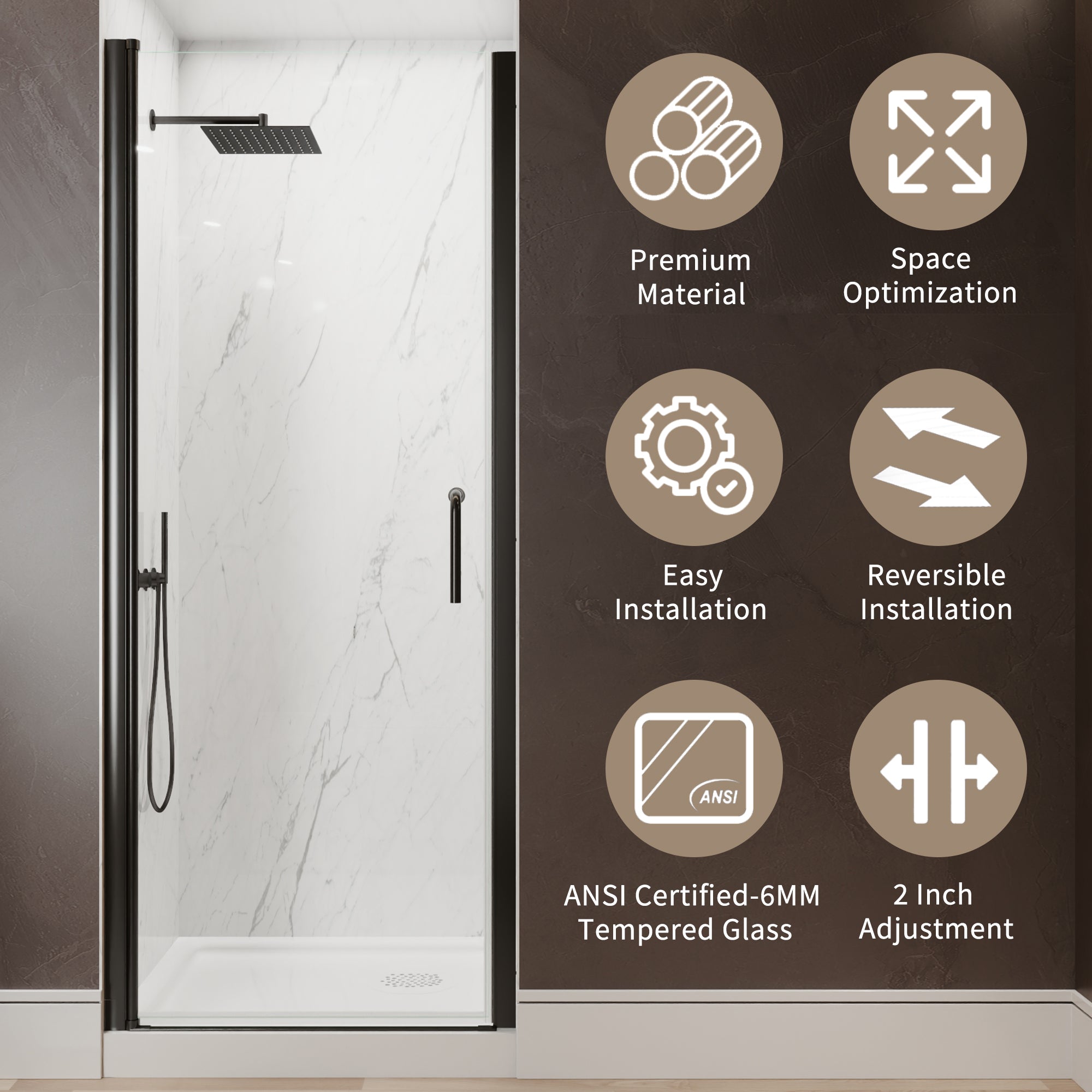 30-32 in. W x 72 in. H Semi-Frameless Pivot Shower Door with 1/4 in SGCC Tempered Glass, Reversible Installation, Matte Black