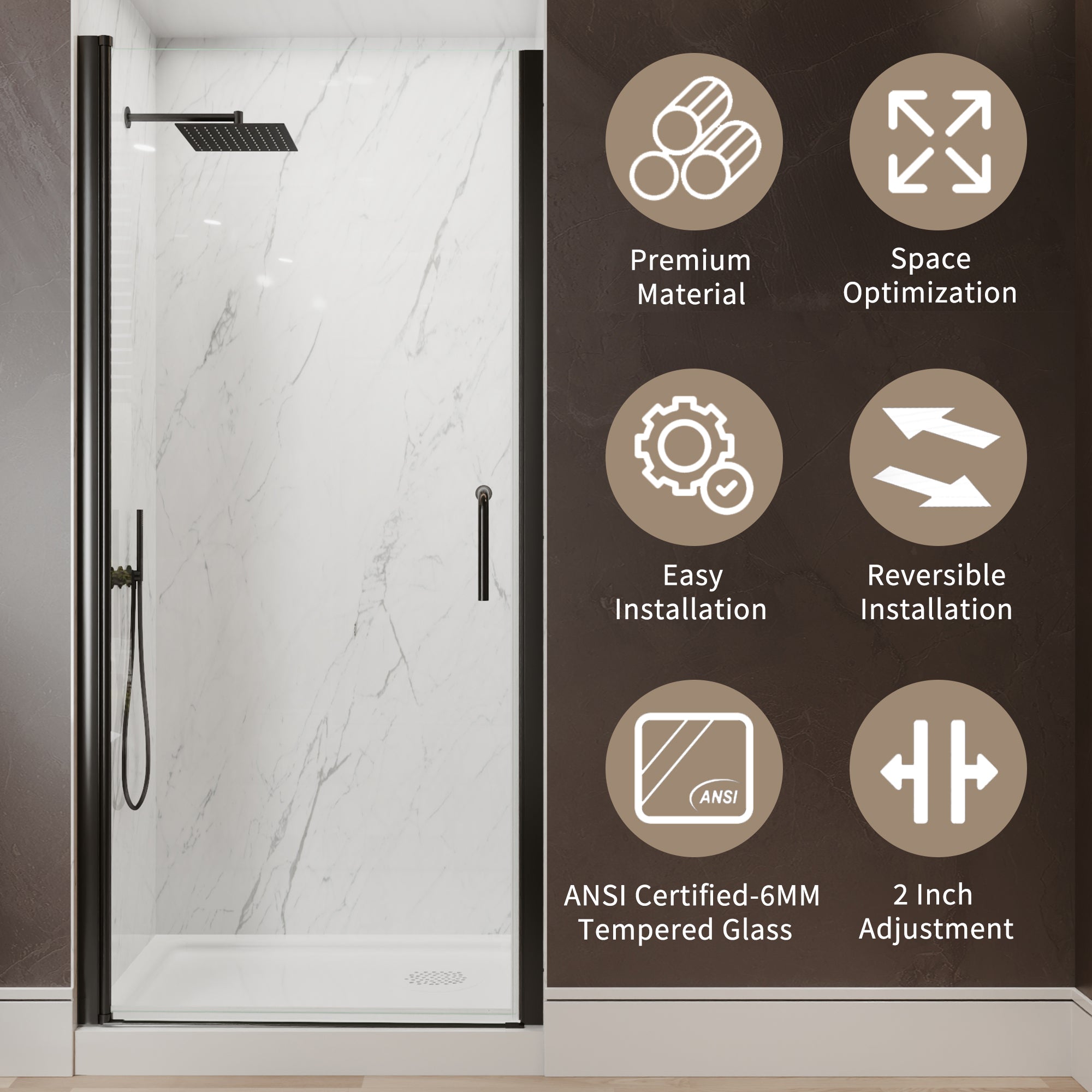 34-36 in. W x 72 in. H Semi-Frameless Pivot Shower Door with 1/4 in SGCC Tempered Glass, Reversible Installation, Matte Black