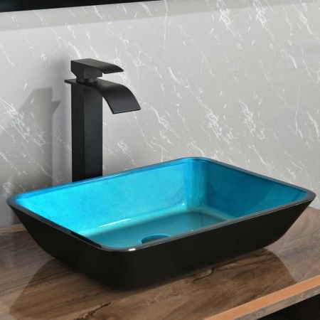 18in L -13in W -4in H Handmade Countertop Glass Rectangular Vessel Bathroom Sink Set in Turquoise