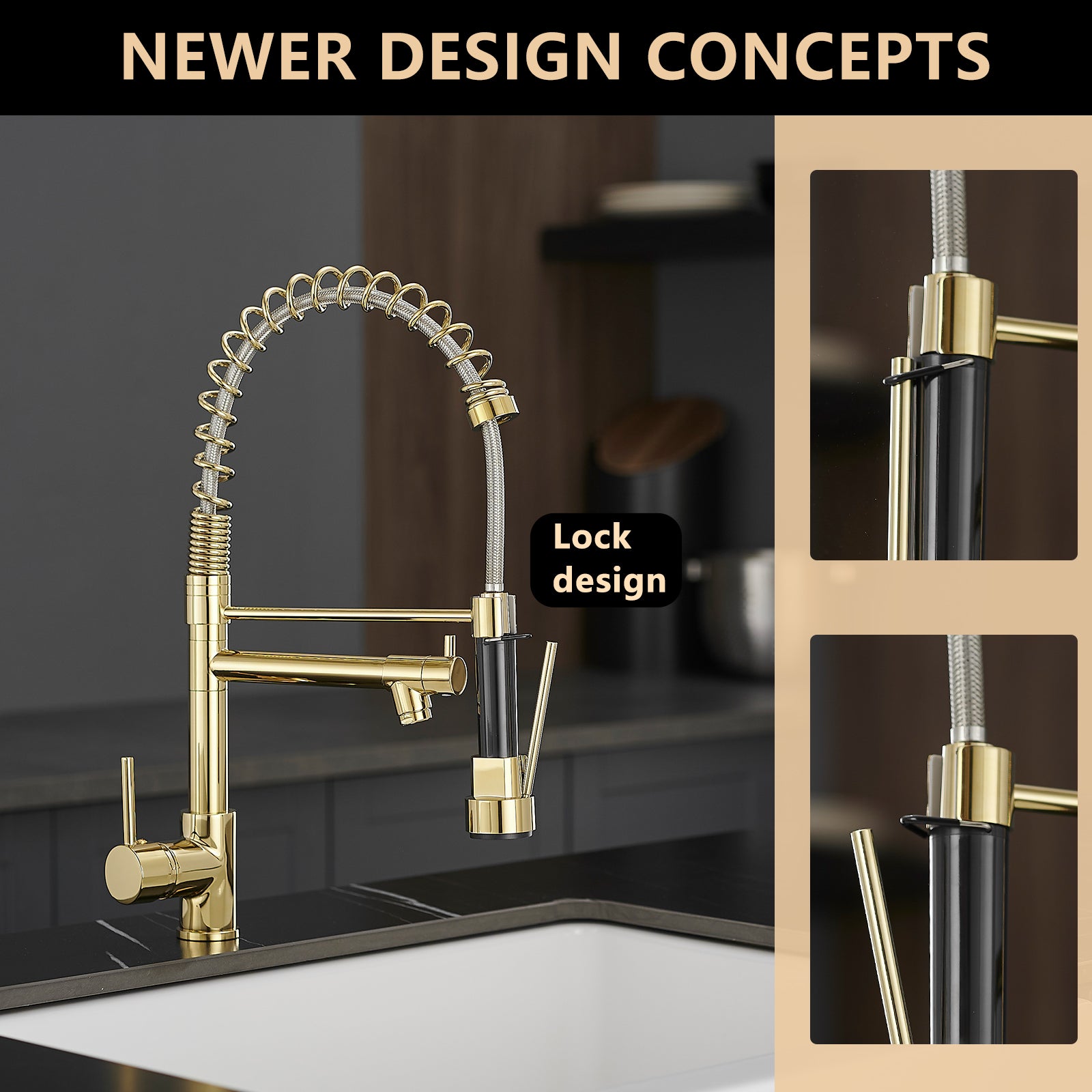 Single Handle Pull Down Sprayer Kitchen Faucet with 360° Rotation in Polished Gold