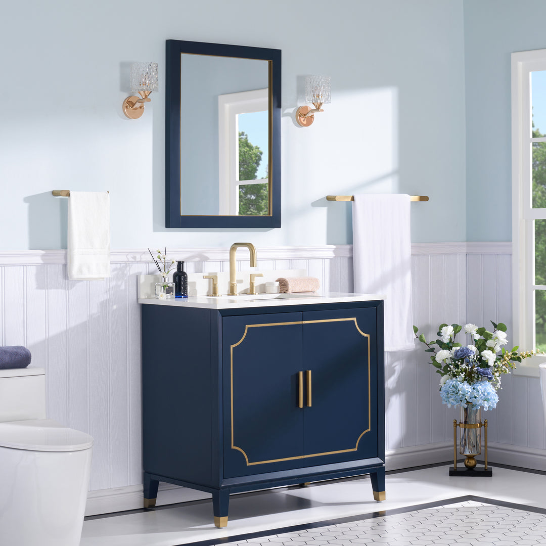 36 in. Freestanding Bathroom Vanity in Navy Blue with Carrara White Quartz Vanity Top