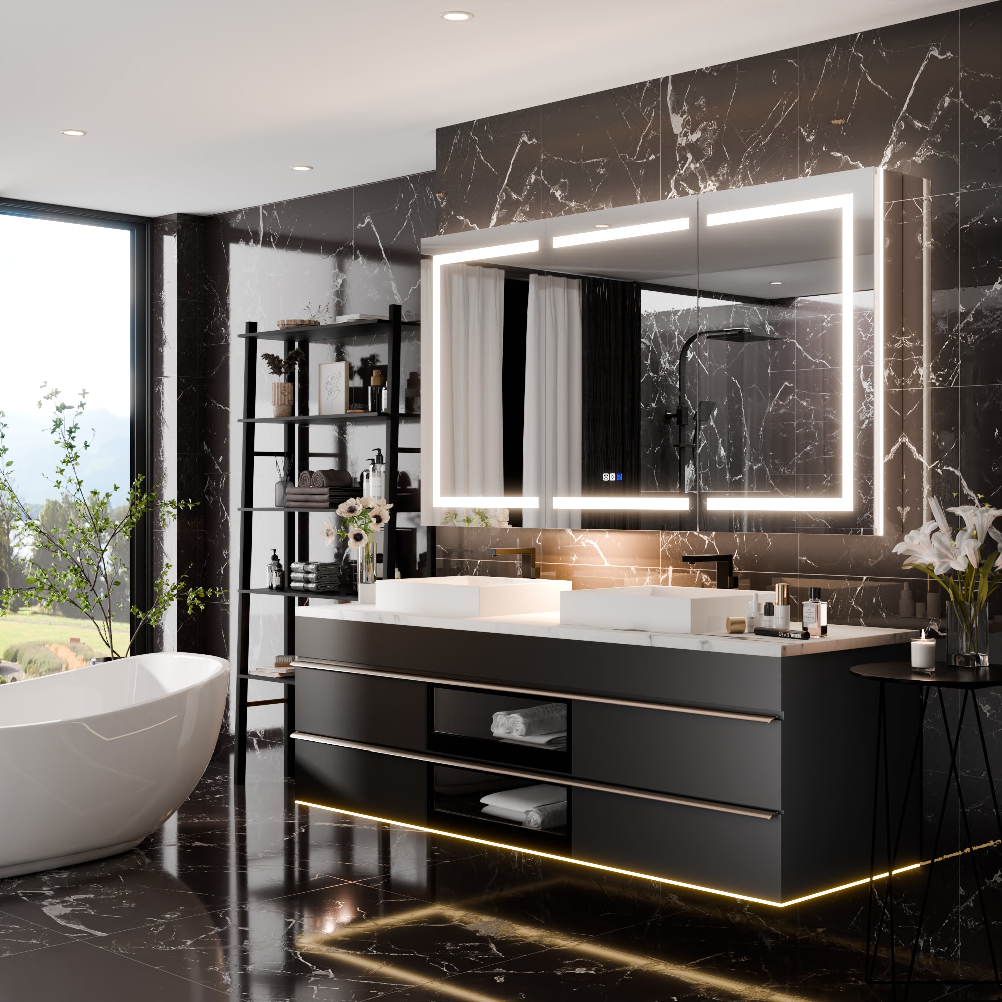 WELLFOR 66 in. x 36 in. Recessed/Surface Mount Right Medicine Cabinet with 5X Magnifier Mirror and Night Light