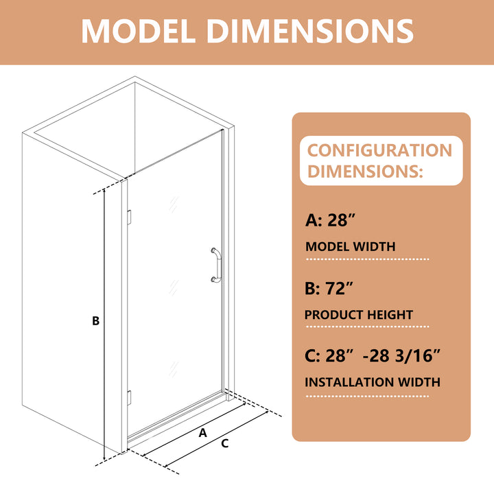 28'' W x 72'' H Frameless Shower Door in Black with Clear Glass