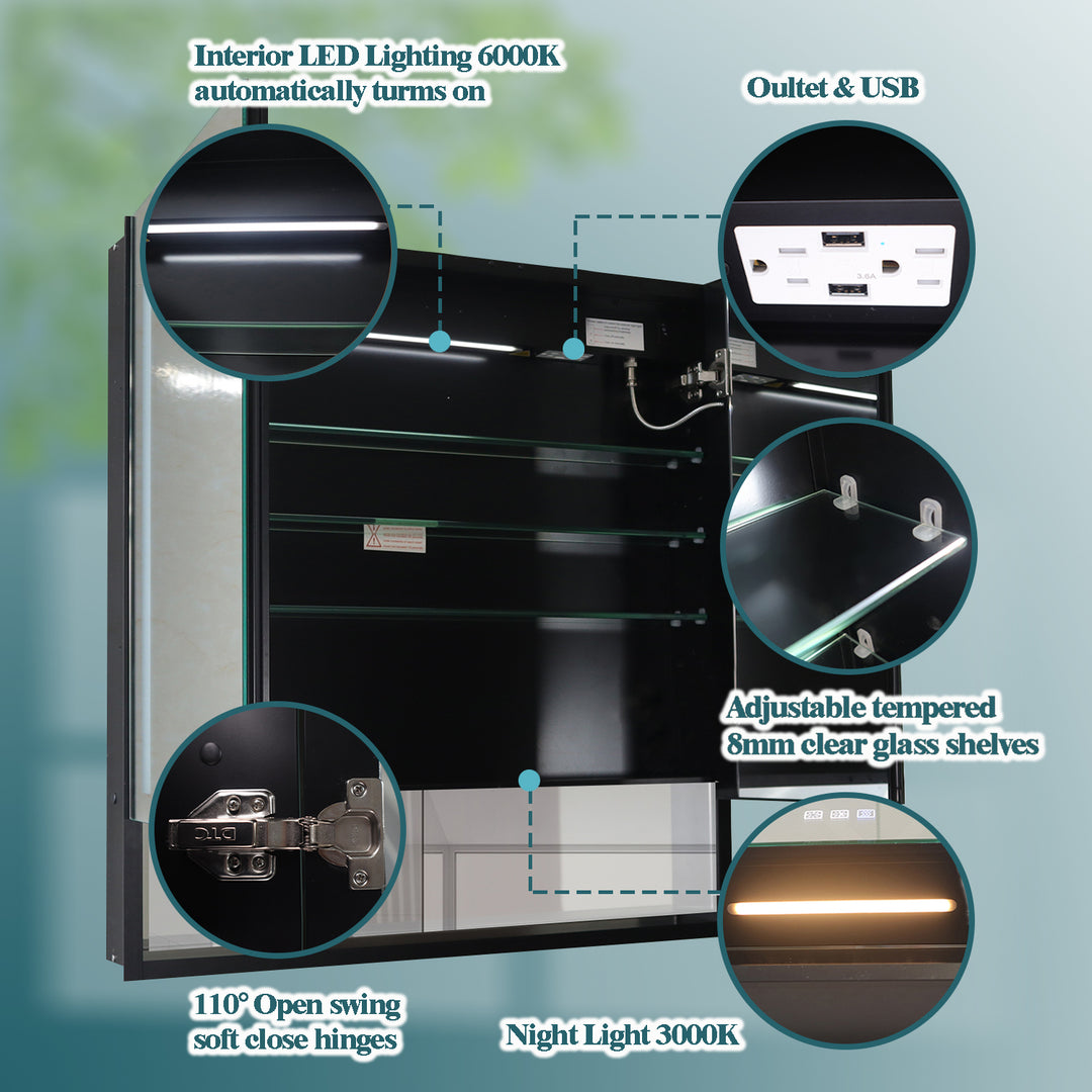 30" W x 32" H Bathroom Mirror Medicine Cabinet with Lights Double Door Recessed or Surface Mount,Defog