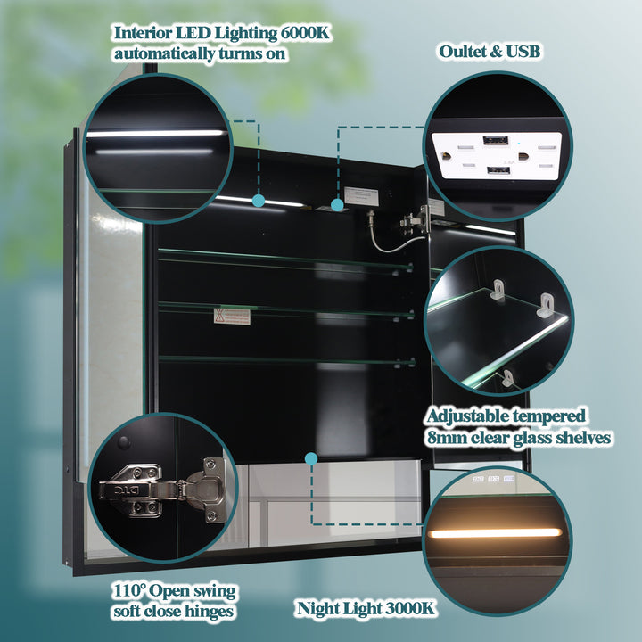 30" W x 32" H Bathroom Mirror Medicine Cabinet with Lights Double Door Recessed or Surface Mount,Defog