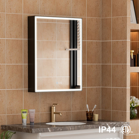 24 in. x 30 in. Black Aluminum Left Medicine Cabinet with Mirror and LED Light