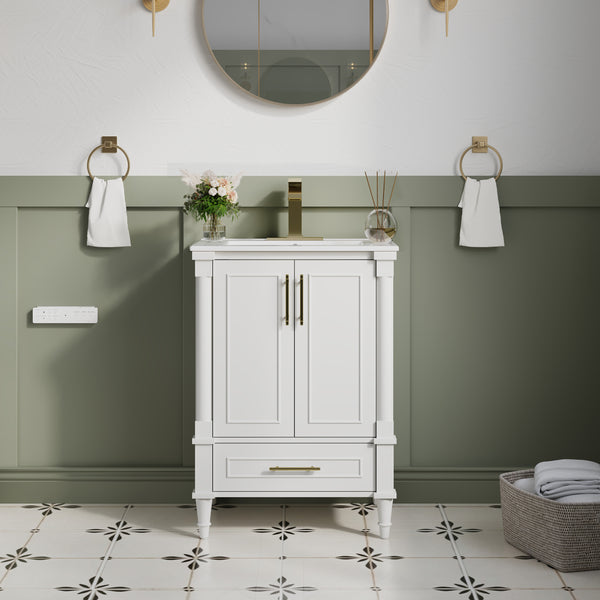 24 inch Bathroom Vanity with Single Sink, Solid Wooden Freestanding Bathroom Cabinet with Soft-Closing Doors