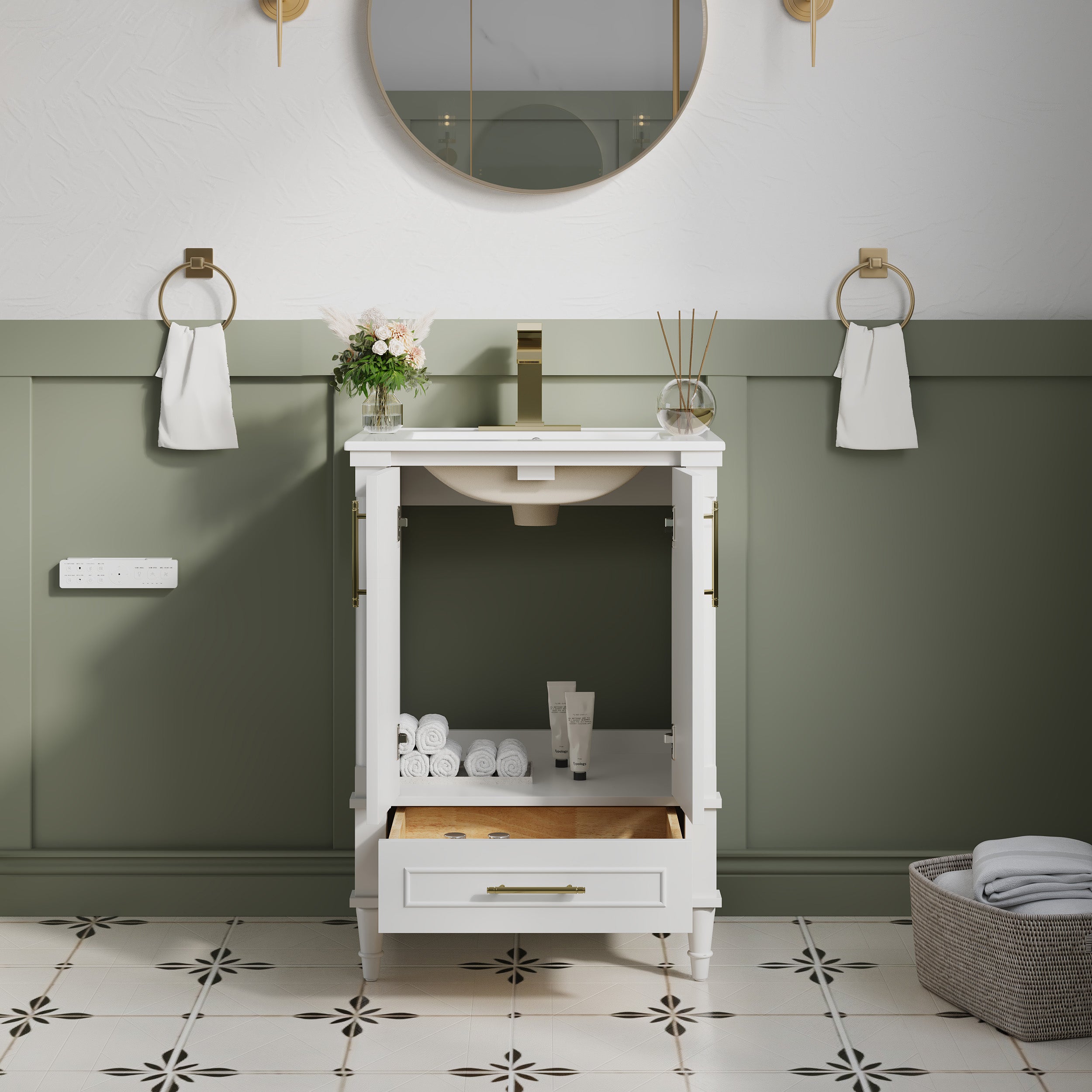 24 inch Bathroom Vanity with Single Sink, Solid Wooden Freestanding Bathroom Cabinet with Soft-Closing Doors