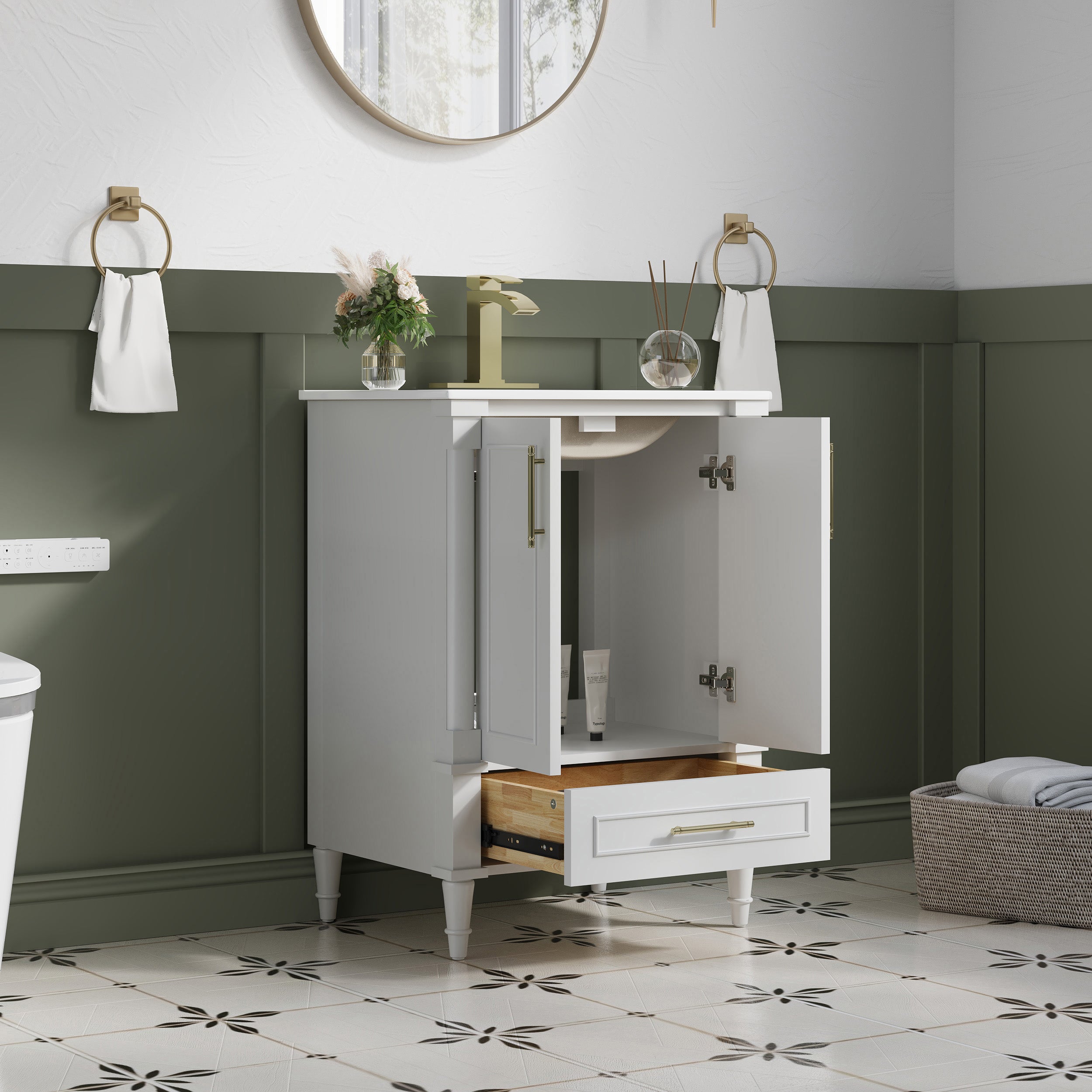 24 inch Bathroom Vanity with Single Sink, Solid Wooden Freestanding Bathroom Cabinet with Soft-Closing Doors