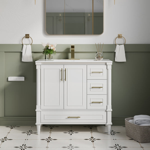 36 inch Bathroom Vanity with Single Sink, Solid Wooden Standing Bathroom Cabinet with Soft-Closing Doors