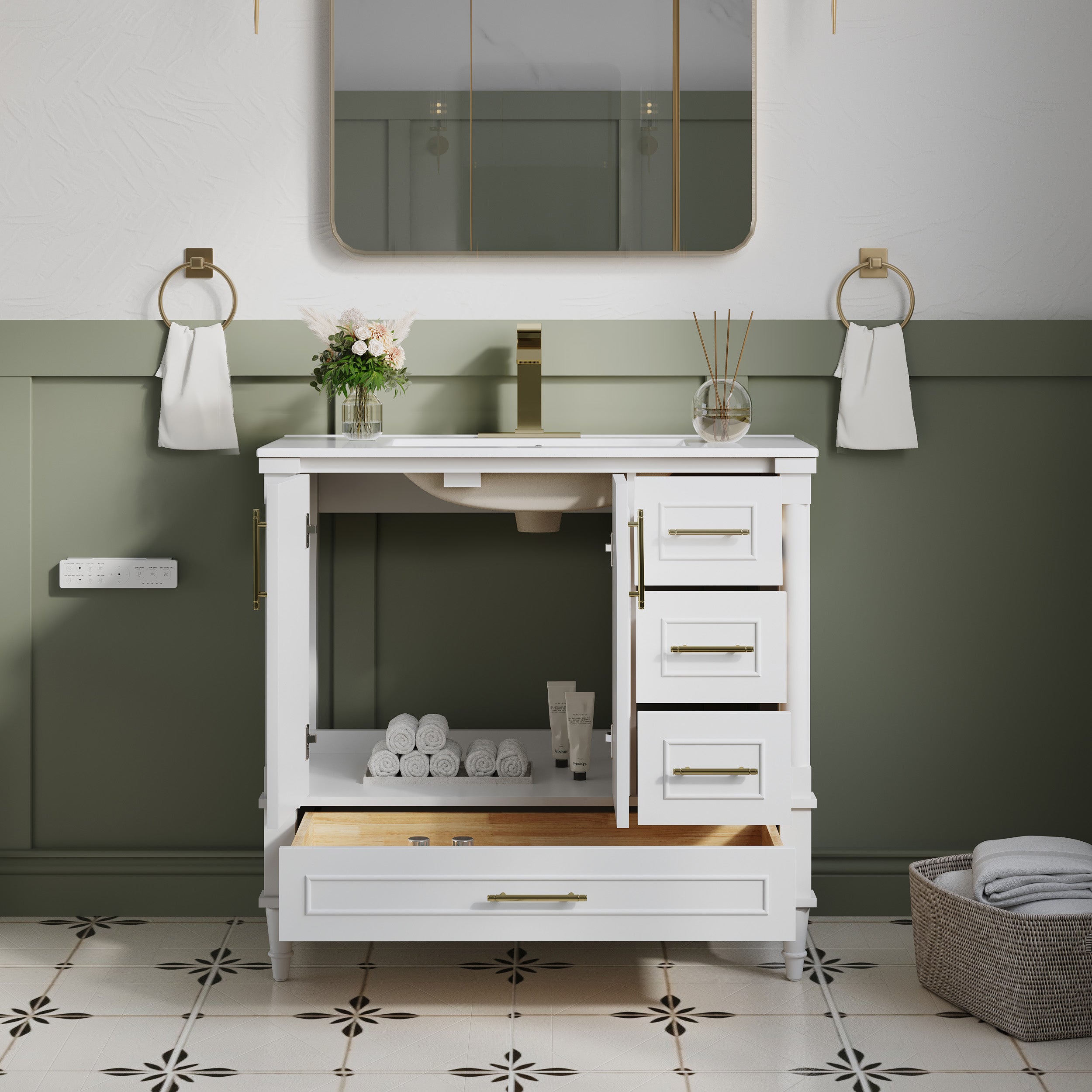 36 inch Bathroom Vanity with Single Sink, Solid Wooden Standing Bathroom Cabinet with Soft-Closing Doors