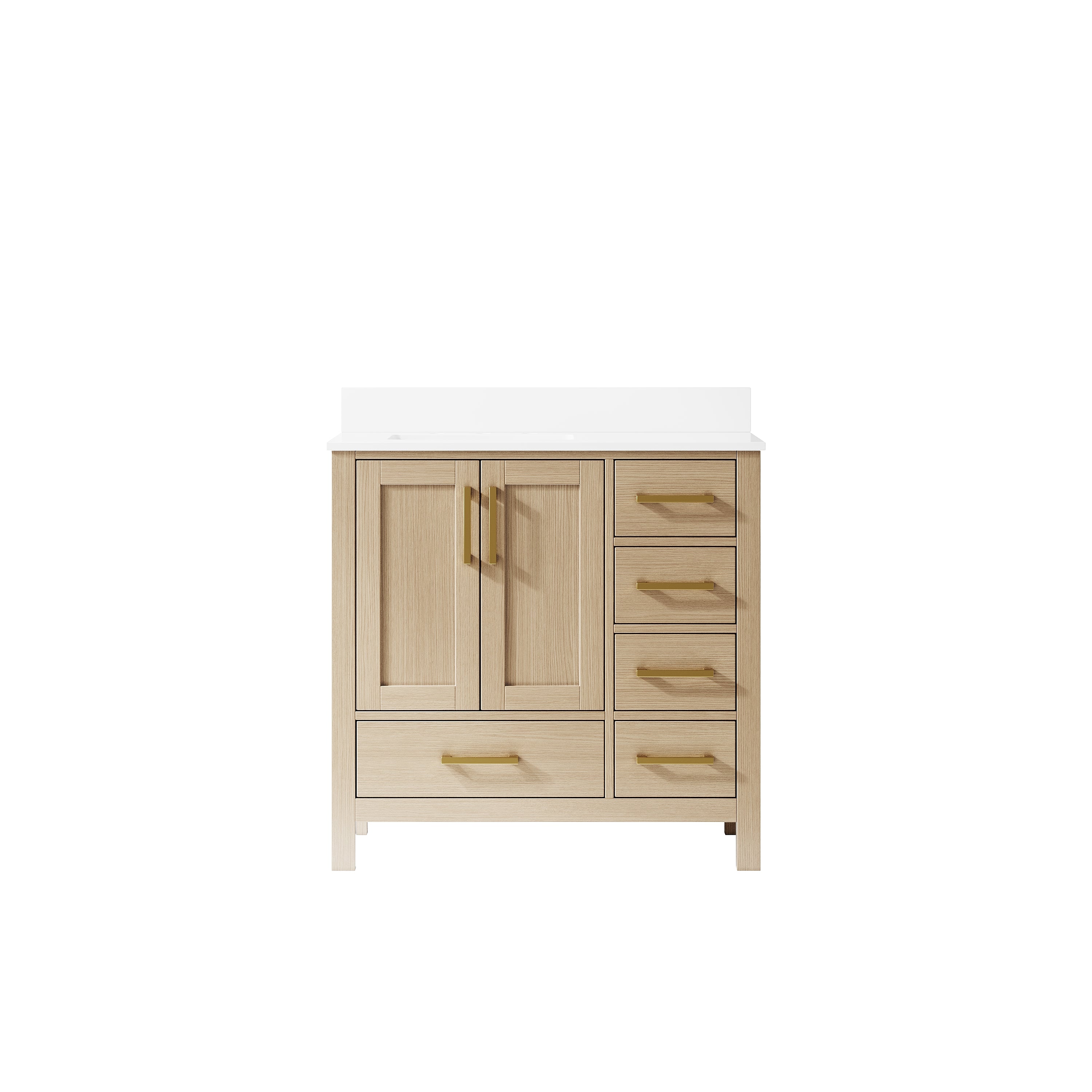 36 Inch Freestanding Solid Wood Bathroom Vanity with Carrara Cultured Marble Top, 2 Soft-Close Doors & 5 Dovetail Drawers, OAK
