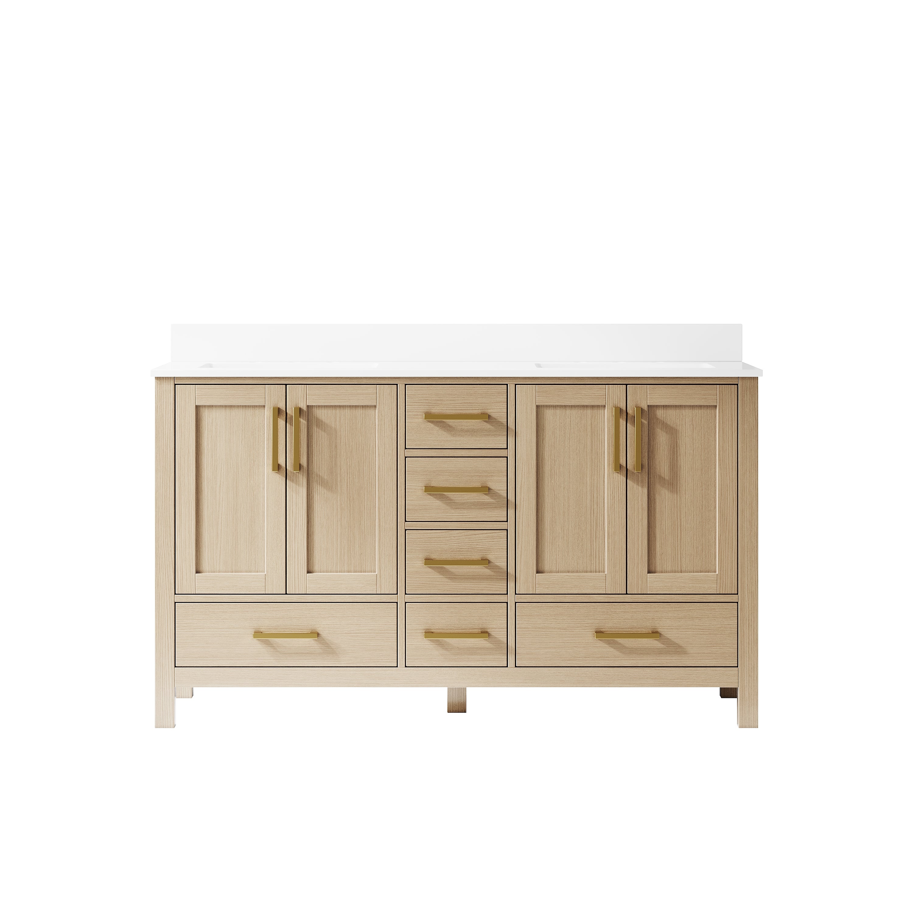 60 Inch Freestanding Solid Wood Bathroom Vanity with Carrara Cultured Marble Top, 4 Soft-Close Doors & 6 Dovetail Drawers, OAK